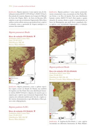 294 | Livro vermelho da flora do Brasil 
Justificativa: Begonia organensis é uma espécie rara, de dis-tribuição 
restrita (EOO=2.597,08 km² e AOO=24 km²). 
Encontrada de maneira disjunta em Campos de Altitude 
da Serra dos Órgãos (RJ) e da Serra da Bocaina (SP), 
suspeita-se que seja severamente fragmentada. Além disso, 
ambas as serras sofrem ameaças que podem levar a espécie 
à extinção, como a queimada de origem antrópica e o 
turismo descontrolado. 
Begonia paranaensis Brade 
Risco de extinção: EN B2ab(iii) Þ 
Avaliadora: Julia Caram Sfair 
Data: 22-08-2012 
Distribuição: PR; SP 
Bioma: Mata Atlântica 
Justificativa: Begonia paranaensis, como o epíteto especí-fico 
sugere, ocorre no Estado do Paraná, mas também 
há registros em São Paulo. Tem uma distribuição bastan-te 
restrita (AOO=36 km²) e disjunta, de maneira que se 
suspeita que a espécie seja severamente fragmentada. Essa 
suspeita está embasada também pelo fato de a região so-frer 
intenso desmatamento, o que dificultaria o fluxo gê-nico 
entre subpopulações. 
Begonia paulensis A.DC. 
Risco de extinção: EN B2ab(iii) Þ 
Avaliadora: Julia Caram Sfair 
Data: 22-08-2012 
Distribuição: MG; RJ; SP 
Bioma: Mata Atlântica 
Justificativa: Begonia paulensis é uma espécie potencial-mente 
ornamental e rara, encontrada em São Paulo, Mi-nas 
Gerais e no Rio de Janeiro. Tem uma distribuição 
bastante restrita (AOO=16 km²). Está sujeita a quatro 
situações de ameaça, dentre as quais o desmatamento na 
Serra da Mantiqueira, que pode levar a população des-sa 
espécie a ser severamente fragmentada e à extinção. 
Begonia perdusenii Brade 
Risco de extinção: EN A2c;B2ab(iii) 
Avaliadora: Julia Caram Sfair 
Data: 22-08-2012 
Distribuição: MS; PR; SP 
Biomas: Cerrado; Mata Atlântica; Pantanal 
Justificativa: A begônia-de-Per-Dusén é uma espécie 
encontrada em diferentes fisionomias de Mata Atlânti- 
 
