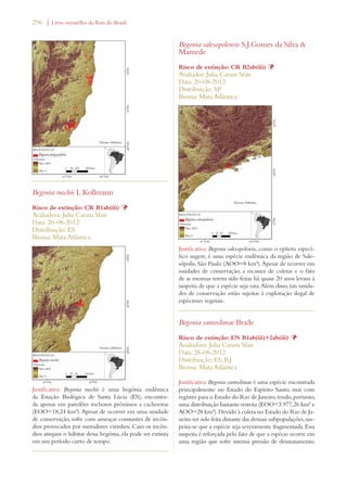 296 | Livro vermelho da flora do Brasil 
Begonia ruschii L.Kollmann 
Risco de extinção: CR B1ab(iii) Þ 
Avaliadora: Julia Caram Sfair 
Data: 20-08-2012 
Distribuição: ES 
Bioma: Mata Atlântica 
Justificativa: Begonia ruschii é uma begônia endêmica 
da Estação Biológica de Santa Lúcia (ES), encontra-da 
apenas em paredões rochosos próximos a cachoeiras 
(EOO=18,24 km²). Apesar de ocorrer em uma unidade 
de conservação, sofre com ameaças constantes de incên-dios 
provocados por moradores vizinhos. Caso os incên-dios 
atinjam o hábitat dessa begônia, ela pode ser extinta 
em um período curto de tempo. 
Begonia salesopolensis S.J.Gomes da Silva  
Mamede 
Risco de extinção: CR B2ab(iii) Þ 
Avaliador: Julia Caram Sfair 
Data: 20-08-2012 
Distribuição: SP 
Bioma: Mata Atlântica 
Justificativa: Begonia salesopolensis, como o epíteto especí-fico 
sugere, é uma espécie endêmica da região de Sale-sópolis, 
São Paulo (AOO=8 km²). Apesar de ocorrer em 
unidades de conservação, a escassez de coletas e o fato 
de as mesmas terem sido feitas há quase 20 anos levam à 
suspeita de que a espécie seja rara. Além disso, tais unida-des 
de conservação estão sujeitas à exploração ilegal de 
espécimes vegetais. 
Begonia santoslimae Brade 
Risco de extinção: EN B1ab(iii)+2ab(iii) Þ 
Avaliadora: Julia Caram Sfair 
Data: 28-08-2012 
Distribuição: ES; RJ 
Bioma: Mata Atlântica 
Justificativa: Begonia santoslimae é uma espécie encontrada 
principalmente no Estado do Espírito Santo, mas com 
registro para o Estado do Rio de Janeiro, tendo, portanto, 
uma distribuição bastante restrita (EOO=3.977,26 km² e 
AOO=28 km²). Devido à coleta no Estado do Rio de Ja-neiro 
ter sido feita distante das demais subpopulações, sus-peita- 
se que a espécie seja severamente fragmentada. Essa 
suspeita é reforçada pelo fato de que a espécie ocorre em 
uma região que sofre intensa pressão de desmatamento. 
 