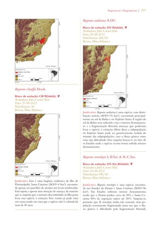 | 297 
Begonia scharffii Hook. 
Risco de extinção: CR*B2ab(iii) Þ 
Avaliadora: Julia Caram Sfair 
Data: 27-08-2012 
Distribuição: SC 
Bioma: Mata Atlântica 
Justificativa: Esta é uma begônia endêmica da Ilha de 
Florianópolis, Santa Catarina (AOO=4 km²), encontra-da 
apenas em paredões de arenito, em locais sombreados. 
Está sujeita a apenas uma situação de ameaça, de maneira 
que se suspeita que o turismo descontrolado na Ilha possa 
levar essa espécie à extinção. Esse evento já pode estar 
em curso, tendo em vista que a espécie não é coletada há 
mais de 40 anos. 
EGONIACEAEs!NGIOSPERMA 
Begonia smilacina A.DC. 
Risco de extinção: EN B2ab(iii) Þ 
Avaliadora: Julia Caram Sfair 
Data: 20-08-2012 
Distribuição: BA; ES 
Bioma: Mata Atlântica 
Justificativa: Begonia smilacina é uma espécie com distri-buição 
restrita (AOO=76 km²), encontrada principal-mente 
no sul da Bahia e no Espírito Santo. A região do 
sul da Bahia vem sofrendo com o intenso desmatamen-to 
e a fragmentação florestal, ameaças que poderiam 
levar a espécie à extinção. Além disso, a subpopulação 
no Espírito Santo pode ser geneticamente isolada do 
restante das subpopulações, caso o fluxo gênico entre 
estas seja dificultado. Essa suspeita baseia-se no fato de 
os Estados onde a espécie ocorre terem sofrido intenso 
desmatamento. 
Begonia stenolepis L.B.Sm.  R.C.Sm. 
Risco de extinção: EN A2c;B2ab(iii) Þ 
Avaliadora: Julia Caram Sfair 
Data: 23-08-2012 
Distribuição: PR; SC 
Bioma: Mata Atlântica 
Justificativa: Begonia stenolepis é uma espécie encontra-da 
nos Estados do Paraná e Santa Catarina (AOO=56 
km²). Tais Estados sofreram intenso desmatamento, 
sendo que o Paraná perdeu cerca de 85% e Santa Ca-tarina 
80% da vegetação nativa até 2011. Suspeita-se, 
portanto que B. stenolepis tenha não somente uma po-pulação 
severamente fragmentada (uma vez que o flu-xo 
gênico é dificultado pela fragmentação florestal), 
 