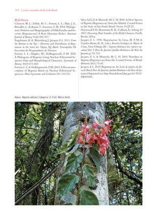 300 | Livro vermelho da flora do Brasil 
Referências 
Clement, W. L.; Tebbit, M. C.; Forrest, L. L.; Blair, J. E.; 
Brouillet, L.; Eriksson, T.; Swensen, S. M. 2004. Phyloge-netic 
Position and Biogeography of Hillebrandia sandwi-censis 
(Begoniaceae): A Rare Hawaiian Relict. American 
Journal of Botany 91(6):905-917. 
Engelmann, R.A.; Wesenberg, J.; Jacques, E.L. 2011. From 
the Bottom to the Top – Diversity and Distribution of Bego-niaceae 
in the Serra dos Órgãos, RJ, Brasil. Teresópolis: IX 
Encontro de Pesquisadores do Parnaso. 
Forrest, L. L.; Hughes, M.; Hollingsworth, P. M. 2005. 
A Phylogeny of Begonia Using Nuclear Ribosomal Se-quence 
Data and Morphological Characters. Systematic of 
Botany 30(3):671-682. 
Forrest, L. L.  Hollingsworth, P. M. 2003. A Recircums-cription 
of Begonia Based on Nuclear Ribosomal Se-quences. 
Plant Systematic and Evolution 241:193-211. 
Silva, S.J.G.d.  Mamede, M. C. H. 2000. A New Species 
of Begonia (Begoniaceae) from the Atlantic Coastal Forest 
in the State of São Paulo, Brazil. Novon 10:22-25. 
Heywood, V. H.; Brummitt, R. K.; Culham, A.; Seberg, O. 
2007. Flowering Plant Families of the World. Ontario: Firefly 
Books, 424 p. 
Jacques, E. L. 1996. Begoniaceae. In: Lima, M. P. M.  
Guedes-Bruni, R. R. (eds.). Reserva Ecológica de Macaé de 
Cima, Nova Friburgo, RJ – Aspectos florísticos das espécies vas-culares. 
Vol. 2. Rio de Janeiro: Jardim Botânico do Rio de 
Janeiro, p. 93-133. 
Jacques, E. L.  Mamede, M. C. H. 2004. Novelties in 
Begonia (Begoniaceae) from the Coastal Forests of Brazil. 
Brittonia 56(1):75-81. 
Jacques, E.L. 2012. Begoniaceae. In: Lista de espécies da flo-ra 
do Brasil. Rio de Janeiro: Jardim Botânico do Rio de Ja-neiro. 
Disponível em http: floradobrasil.jbrj.gov.br/2012/ 
FB000059. 
Abaixo: Begonia radicans | Categoria: LC (Foto: Márcio Verdi) 
 