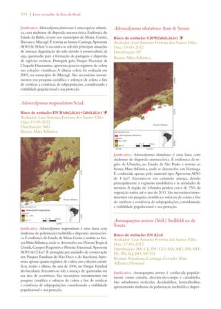 304 | Livro vermelho da flora do Brasil 
Justificativa: Adenocalymma fruticosum é uma espécie arbusti-va, 
com síndrome de dispersão anemocórica. Endêmica do 
Estado da Bahia, ocorre nos municípios de Abaíra, Caetité, 
Ibicoara e Mucugê. É restrita ao bioma Caatinga. Apresenta 
AOO de 28 km² e encontra-se sob três principais situações 
de ameaça: degradação do solo devido à monocultura da 
soja, queimadas para a formação de pastagens e dispersão 
de espécies exóticas. Protegida pelo Parque Nacional da 
Chapada Diamantina, apresenta poucos registros de coleta 
em coleções científicas. A última coleta foi realizada em 
2005, no município de Mucugê. São necessários investi-mentos 
em pesquisa científica e esforços de coleta a fim 
de verificar a existência de subpopulações, considerando a 
viabilidade populacional e sua proteção. 
Adenocalymma magnoalatum Scud. 
Risco de extinção: EN B1ab(i,iii,iv)+2ab(ii,iii,iv) Þ 
Avaliador: Luiz Antonio Ferreira dos Santos Filho 
Data: 10-09-2012 
Distribuição: MG 
Bioma: Mata Atlântica 
Justificativa: Adenocalymma magnoalatum é uma liana com 
síndrome de polinização melitófila e dispersão anemocóri-ca. 
É endêmica do Estado de Minas Gerais e restrita ao bio-ma 
Mata Atlântica, onde se desenvolve em Floresta Tropical 
Úmida, Campos Rupestres e Floresta Estacional. Apresenta 
AOO de12 km². É protegida por unidades de conservação 
nos Parques Estaduais do Rio Doce e do Itacolomi. Apre-senta 
apenas quatro registros de coleta em coleções cientí-ficas, 
sendo a última do ano de 2006, no Parque Estadual 
do Itacolomi. Encontra-se sob a ameaça de queimadas em 
sua área de ocorrência. São necessários investimentos em 
pesquisa científica e esforços de coleta a fim de verificar 
a existência de subpopulações, considerando a viabilidade 
populacional e sua proteção. 
Adenocalymma ubatubense Assis  Semir 
Risco de extinção: CR*B2ab(ii,iii,iv) Þ 
Avaliador: Luiz Antonio Ferreira dos Santos Filho 
Data: 10-09-2012 
Distribuição: SP 
Bioma: Mata Atlântica 
Justificativa: Adenocalymma ubatubense é uma liana com 
síndrome de dispersão anemocórica. É endêmica da re-gião 
de Ubatuba, no Estado de São Paulo e restrita ao 
bioma Mata Atlântica, onde se desenvolve em Restinga. 
É conhecida apenas pelo material tipo. Apresenta AOO 
de 4 km². Encontra-se em constante ameaça, devido 
principalmente à expansão imobiliária e às atividades de 
turismo. A região de Ubatuba perdeu cerca de 75% da 
vegetação nativa até o ano de 2011. São necessários inves-timentos 
em pesquisa científica e esforços de coleta a fim 
de verificar a existência de subpopulações, considerando 
a viabilidade populacional e sua proteção. 
Anemopaegma arvense (Vell.) Stellfeld ex de 
Souza 
Risco de extinção: EN A2cd 
Avaliador: Luiz Antonio Ferreira dos Santos Filho 
Data: 17-09-2012 
Distribuição: BA; CE; DF; GO; MA; MG; MS; MT; 
PE; PR; RJ; RO; SP; TO 
Biomas: Amazônia; Caatinga; Cerrado; Mata 
Atlântica; Pantanal 
Justificativa: Anemopaegma arvense é conhecida popular-mente 
como catuaba, alecrim-do-campo e catuabinha. 
São subarbustos terrícolas, deciduifólios, hermafroditas, 
apresentando síndrome de polinização melitófila e disper- 
 