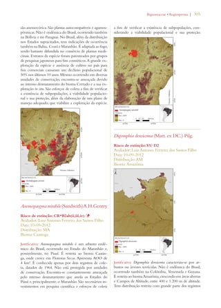 | 305 
são anemocórica. São plantas autocompatíveis e agamos-pérmicas. 
Não é endêmica do Brasil, ocorrendo também 
na Bolívia e no Paraguai. No Brasil, além da distribuição 
nos Estados supracitados, tem indicações de ocorrência 
também na Bahia, Ceará e Maranhão. É adaptada ao fogo, 
sendo bastante difundida no comércio de plantas medi-cinais. 
Extratos da espécie foram patenteados por grupos 
de pesquisas japoneses para fins cosméticos. A grande ex-ploração 
da espécie e ausência de cultivo no país para 
fins comerciais causaram um declínio populacional de 
50% nos últimos 10 anos. Mesmo ocorrendo em diversas 
unidades de conservação, encontra-se ameaçada devido 
ao intenso desmatamento do bioma Cerrado e a sua ex-ploração 
in situ. São esforços de coleta a fim de verificar 
a existência de subpopulações, a viabilidade populacio-nal 
e sua proteção, além da elaboração de um plano de 
manejo adequado, que viabilize a exploração da espécie. 
Anemopaegma mirabile (Sandwith) A.H.Gentry 
Risco de extinção: CR*B2ab(ii,iii,iv) Þ 
Avaliador: Luiz Antonio Ferreira dos Santos Filho 
Data: 10-09-2012 
Distribuição: MA 
Bioma: Caatinga 
Justificativa: Anemopaegma mirabile é um arbusto endê-mico 
do Brasil, ocorrendo no Estado do Maranhão e, 
possivelmente, no Piauí. É restrita ao bioma Caatin-ga, 
onde cresce em Florestas Secas. Apresenta AOO de 
4 km². É conhecida apenas por dois registros de cole-ta, 
datados de 1964. Não está protegida por unidades 
de conservação. Encontra-se constantemente ameaçada 
pelo intenso desmatamento que assola os Estados do 
Piauí e, principalmente, o Maranhão. São necessários in-vestimentos 
em pesquisa científica e esforços de coleta 
IGNONIACEAEs!NGIOSPERMA 
a fim de verificar a existência de subpopulações, con-siderando 
a viabilidade populacional e sua proteção. 
Digomphia densicoma (Mart. ex DC.) Pilg. 
Risco de extinção: VU D2 
Avaliador: Luiz Antonio Ferreira dos Santos Filho 
Data: 10-09-2012 
Distribuição: AM 
Bioma: Amazônia 
Justificativa: Digomphia densicoma caracteriza-se por ar-bustos 
ou árvores terrícolas. Não é endêmica do Brasil, 
ocorrendo também na Colômbia, Venezuela e Guyana. 
É restrita ao bioma Amazônia, crescendo em áreas abertas 
e Campos de Altitude, entre 400 e 1.200 m de altitude. 
Tem distribuição restrita com grande parte dos registros 
 