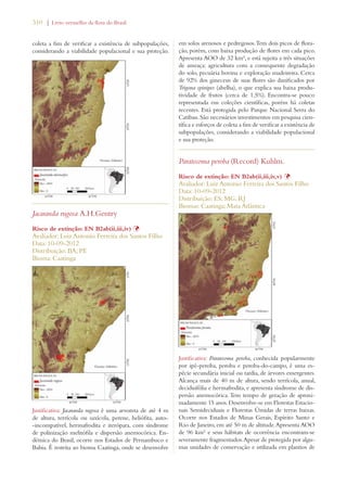 310 | Livro vermelho da flora do Brasil 
coleta a fim de verificar a existência de subpopulações, 
considerando a viabilidade populacional e sua proteção. 
Jacaranda rugosa A.H.Gentry 
Risco de extinção: EN B2ab(ii,iii,iv) Þ 
Avaliador: Luiz Antonio Ferreira dos Santos Filho 
Data: 10-09-2012 
Distribuição: BA; PE 
Bioma: Caatinga 
Justificativa: Jacaranda rugosa é uma arvoreta de até 4 m 
de altura, terrícola ou saxícola, perene, heliófita, auto- 
-incompatível, hermafrodita e iterópara, com síndrome 
de polinização melitófila e dispersão anemocórica. En-dêmica 
do Brasil, ocorre nos Estados de Pernambuco e 
Bahia. É restrita ao bioma Caatinga, onde se desenvolve 
em solos arenosos e pedregosos. Tem dois picos de flora-ção, 
porém, com baixa produção de flores em cada pico. 
Apresenta AOO de 32 km², e está sujeita a três situações 
de ameaça: agricultura com a consequente degradação 
do solo, pecuária bovina e exploração madeireira. Cerca 
de 92% dos gineceus de suas flores são danificados por 
Trigona spinipes (abelha), o que explica sua baixa produ-tividade 
de frutos (cerca de 1,5%). Encontra-se pouco 
representada em coleções científicas, porém há coletas 
recentes. Está protegida pelo Parque Nacional Serra do 
Catibau. São necessários investimentos em pesquisa cien-tífica 
e esforços de coleta a fim de verificar a existência de 
subpopulações, considerando a viabilidade populacional 
e sua proteção. 
Paratecoma peroba (Record) Kuhlm. 
Risco de extinção: EN B2ab(ii,iii,iv,v) Þ 
Avaliador: Luiz Antonio Ferreira dos Santos Filho 
Data: 10-09-2012 
Distribuição: ES; MG; RJ 
Biomas: Caatinga; Mata Atlântica 
Justificativa: Paratecoma peroba, conhecida popularmente 
por ipê-peroba, peroba e peroba-do-campo, é uma es-pécie 
secundária inicial ou tardia, de árvores emergentes. 
Alcança mais de 40 m de altura, sendo terrícola, anual, 
deciduifólia e hermafrodita, e apresenta síndrome de dis-persão 
anemocórica. Tem tempo de geração de aproxi-madamente 
15 anos. Desenvolve-se em Florestas Estacio-nais 
Semideciduais e Florestas Úmidas de terras baixas. 
Ocorre nos Estados de Minas Gerais, Espírito Santo e 
Rio de Janeiro, em até 50 m de altitude. Apresenta AOO 
de 96 km² e seus hábitats de ocorrência encontram-se 
severamente fragmentados. Apesar de protegida por algu-mas 
unidades de conservação e utilizada em plantios de 
 