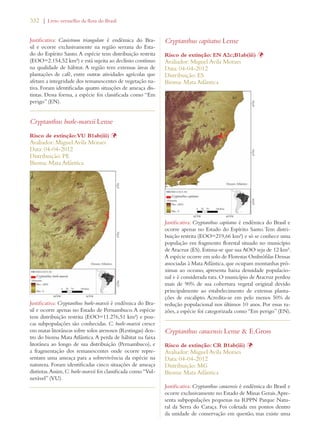 332 | Livro vermelho da flora do Brasil 
Justificativa: Canistrum triangulare é endêmica do Bra-sil 
e ocorre exclusivamente na região serrana do Esta-do 
do Espírito Santo. A espécie tem distribuição restrita 
(EOO=2.154,52 km²) e está sujeita ao declínio contínuo 
na qualidade de hábitat. A região tem extensas áreas de 
plantações de café, entre outras atividades agrícolas que 
afetam a integridade dos remanescentes de vegetação na-tiva. 
Foram identificadas quatro situações de ameaça dis-tintas. 
Dessa forma, a espécie foi classificada como “Em 
perigo” (EN). 
Cryptanthus burle-marxii Leme 
Risco de extinção: VU B1ab(iii) Þ 
Avaliador: Miguel Avila Moraes 
Data: 04-04-2012 
Distribuição: PE 
Bioma: Mata Atlântica 
Justificativa: Cryptanthus burle-marxii é endêmica do Bra-sil 
e ocorre apenas no Estado de Pernambuco. A espécie 
tem distribuição restrita (EOO=11.276,51 km²) e pou-cas 
subpopulações são conhecidas. C. burle-marxii cresce 
em matas litorâneas sobre solos arenosos (Restingas) den-tro 
do bioma Mata Atlântica. A perda de hábitat na faixa 
litorânea ao longo de sua distribuição (Pernambuco), e 
a fragmentação dos remanescentes onde ocorre repre-sentam 
uma ameaça para a sobrevivência da espécie na 
natureza. Foram identificadas cinco situações de ameaça 
distintas. Assim, C. burle-marxii foi classificada como “Vul-nerável” 
(VU). 
Cryptanthus capitatus Leme 
Risco de extinção: EN A2c;B1ab(iii) Þ 
Avaliador: Miguel Avila Moraes 
Data: 04-04-2012 
Distribuição: ES 
Bioma: Mata Atlântica 
Justificativa: Cryptanthus capitatus é endêmica do Brasil e 
ocorre apenas no Estado do Espírito Santo. Tem distri-buição 
restrita (EOO=219,66 km²) e só se conhece uma 
população em fragmento florestal situado no município 
de Aracruz (ES). Estima-se que sua AOO seja de 12 km². 
A espécie ocorre em solo de Florestas Ombrófilas Densas 
associadas à Mata Atlântica, que ocupam montanhas pró-ximas 
ao oceano, apresenta baixa densidade populacio-nal 
e é considerada rara. O município de Aracruz perdeu 
mais de 90% de sua cobertura vegetal original devido 
principalmente ao estabelecimento de extensas planta-ções 
de eucalipto. Acredita-se em pelo menos 50% de 
redução populacional nos últimos 10 anos. Por essas ra-zões, 
a espécie foi categorizada como “Em perigo” (EN). 
Cryptanthus caracensis Leme  E.Gross 
Risco de extinção: CR B1ab(iii) Þ 
Avaliador: Miguel Avila Moraes 
Data: 04-04-2012 
Distribuição: MG 
Bioma: Mata Atlântica 
Justificativa: Cryptanthus caracensis é endêmica do Brasil e 
ocorre exclusivamente no Estado de Minas Gerais. Apre-senta 
subpopulações pequenas na RPPN Parque Natu-ral 
da Serra do Caraça. Foi coletada em pontos dentro 
da unidade de conservação em questão, mas existe uma 
 