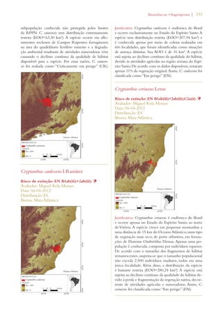 | 333 
subpopulação conhecida não protegida pelos limites 
da RPPN. C. caracensis tem distribuição extremamente 
restrita (EOO=63,30 km²). A espécie ocorre em aflo-ramentos 
rochosos de Campos Rupestres ferruginosos 
na área do quadrilátero ferrífero mineiro e a degrada-ção 
ambiental resultante de atividades mineradoras vêm 
causando o declínio contínuo da qualidade de hábitat 
disponível para a espécie. Por essas razões, C. caracen-sis 
foi avaliada como “Criticamente em perigo” (CR). 
Cryptanthus caulescens I.Ramírez 
Risco de extinção: EN B1ab(iii)+2ab(iii) Þ 
Avaliador: Miguel Avila Moraes 
Data: 04-04-2012 
Distribuição: ES 
Bioma: Mata Atlântica 
ROMELIACEAEs!NGIOSPERMA 
Justificativa: Cryptanthus caulescens é endêmica do Brasil 
e ocorre exclusivamente no Estado do Espírito Santo. A 
espécie tem distribuição restrita (EOO=207,94 km²) e 
é conhecida apenas por meio de coletas realizadas em 
três localidades, que foram identificadas como situações 
de ameaça distintas. Sua AOO é de 16 km². A espécie 
está sujeita ao declínio contínuo da qualidade do hábitat, 
devido às atividades agrícolas na região serrana do Espí-rito 
Santo. De acordo com os dados disponíveis, restaram 
apenas 11% da vegetação original. Assim, C. caulescens foi 
classificada como “Em perigo” (EN). 
Cryptanthus coriaceus Leme 
Risco de extinção: EN B1ab(iii)+2ab(iii);C2a(ii) Þ 
Avaliador: Miguel Avila Moraes 
Data: 04-04-2012 
Distribuição: ES 
Bioma: Mata Atlântica 
Justificativa: Cryptanthus coriaceus é endêmica do Brasil 
e ocorre apenas no Estado do Espírito Santo, ao norte 
de Vitória. A espécie cresce em pequenas montanhas a 
uma distância de 15 km do Oceano Atlântico, num tipo 
de vegetação mais seco, de porte arbustivo, em forma-ções 
de Florestas Ombrófilas Densas. Apenas uma po-pulação 
é conhecida, composta por indivíduos esparsos. 
De acordo com o tamanho dos fragmentos de hábitat 
remanescentes, suspeita-se que o tamanho populacional 
não exceda 2.500 indivíduos maduros, todos em uma 
única localidade. Além disso, a distribuição da espécie 
é bastante restrita (EOO=280,24 km²). A espécie está 
sujeita ao declínio contínuo da qualidade do hábitat de-vido 
à perda e fragmentação da vegetação nativa, decor-rente 
de atividades agrícolas e mineradoras. Assim, C. 
coriaceus foi classificada como “Em perigo” (EN). 
 