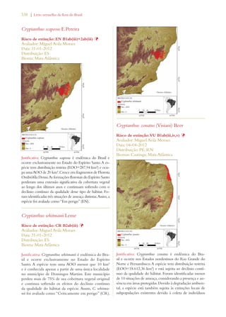 338 | Livro vermelho da flora do Brasil 
Cryptanthus scaposus E.Pereira 
Risco de extinção: EN B1ab(iii)+2ab(iii) Þ 
Avaliador: Miguel Avila Moraes 
Data: 31-01-2012 
Distribuição: ES 
Bioma: Mata Atlântica 
Justificativa: Cryptanthus scaposus é endêmica do Brasil e 
ocorre exclusivamente no Estado do Espírito Santo. A es-pécie 
tem distribuição restrita (EOO=287,94 km²) e ocu-pa 
uma AOO de 20 km². Cresce em fragmentos de Floresta 
Ombrófila Densa. As formações florestais do Espírito Santo 
perderam uma extensão significativa da cobertura vegetal 
ao longo dos últimos anos e continuam sofrendo com o 
declínio contínuo da qualidade desse tipo de hábitat. Fo-ram 
identificadas três situações de ameaça distintas. Assim, a 
espécie foi avaliada como “Em perigo” (EN). 
Cryptanthus whitmanii Leme 
Risco de extinção: CR B2ab(iii) Þ 
Avaliador: Miguel Avila Moraes 
Data: 31-01-2012 
Distribuição: ES 
Bioma: Mata Atlântica 
Justificativa: Cryptanthus whitmanii é endêmica do Bra-sil 
e ocorre exclusivamente no Estado do Espírito 
Santo. A espécie tem uma AOO menor que 10 km² 
e é conhecida apenas a partir de uma única localidade 
no município de Domingos Martins. Este município 
perdeu mais de 75% de sua cobertura vegetal original 
e continua sofrendo os efeitos do declínio contínuo 
da qualidade do hábitat da espécie. Assim, C. whitma-nii 
foi avaliada como “Criticamente em perigo” (CR). 
Cryptanthus zonatus (Visiani) Beer 
Risco de extinção: VU B1ab(iii,iv,v) Þ 
Avaliador: Miguel Avila Moraes 
Data: 04-04-2012 
Distribuição: PE; RN 
Biomas: Caatinga; Mata Atlântica 
Justificativa: Cryptanthus zonatus é endêmica do Bra-sil 
e ocorre nos Estados nordestinos do Rio Grande do 
Norte e Pernambuco. A espécie tem distribuição restrita 
(EOO=18.612,36 km²) e está sujeita ao declínio contí-nuo 
da qualidade do hábitat. Foram identificadas menos 
de 10 situações de ameaça, considerando a presença e au-sência 
em áreas protegidas. Devido à degradação ambien-tal, 
a espécie está também sujeita às extinções locais de 
subpopulações existentes devido à coleta de indivíduos 
 