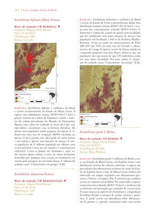 346 | Livro vermelho da flora do Brasil 
Encholirium biflorum (Mez) Forzza 
Risco de extinção: CR B2ab(iii,iv) Þ 
Avaliador: Miguel Avila Moraes 
Data: 16-04-2012 
Distribuição: MG 
Bioma: Cerrado 
Justificativa: Encholirium biflorum é endêmica do Brasil 
e ocorre exclusivamente no Estado de Minas Gerais. A 
espécie tem distribuição restrita (EOO=605,71 km²) à 
porção mineira da Cadeia do Espinhaco, sendo a maio-ria 
das coletas procedentes do Planalto de Diamantina. 
Apenas uma coleta foi realizada na Serra do Cipó, mas 
especialistas consideram essa ocorrência duvidosa. Há 
apenas uma população muito pequena da espécie. E. bi-florum 
tem uma área de ocupação (AOO) calculada em 
apenas 16 km², porém, esse valor pode ser ainda menor, 
e está sujeita a apenas uma situação de ameaça. A úni-ca 
população de E. biflorum registrada nos últimos anos 
ocorre próximo a uma área de estrada e é extremamente 
vulnerável. Como as plantas são diminutas e estão so-bre 
terreno plano, correm o risco de serem facilmente 
destruídas por qualquer roça, criação ou benfeitoria, ou 
mesmo pela passagem de um trator. Assim, E. biflorum foi 
avaliada como “Criticamente em perigo” (CR). 
Encholirium disjunctum Forzza 
Risco de extinção: CR B2ab(iii);C2a(ii) Þ 
Avaliador: Miguel Avila Moraes 
Data: 16-04-2012 
Distribuição: GO 
Bioma: Cerrado 
Justificativa: Encholirium disjunctum é endêmica do Brasil 
e ocorre no Estado de Goiás e, possivelmente, Bahia. Tem 
distribuição bastante restrita (EOO=261,26 km²) e ocu-pa 
uma área extremamente reduzida (AOO=4 km²). E. 
disjunctum é conhecida a partir de apenas uma localidade, 
que foi considerada uma única situação de ameaça. Sua 
população está localizada a 400 m da Rodovia Brasília– 
Barreiras, 14 km ao norte do entroncamento de Posse 
(BR-020, km 243) em uma área de Cerrado e aflora-mentos 
de Canga. A espécie ocorre de forma isolada ou 
compondo pequenas touceiras. Assim, estima-se que sua 
população não seja maior do que 250 indivíduos, todos 
em uma única localidade. Por essas razões, E. disjunc-tum 
foi avaliada como “Criticamente em perigo” (CR). 
Encholirium gracile L.B.Sm. 
Risco de extinção: EN B2ab(iii) Þ 
Avaliador: Miguel Avila Moraes 
Data: 16-04-2012 
Distribuição: ES; MG 
Bioma: Mata Atlântica 
Justificativa: Encholirium gracile é endêmica do Brasil, ocor-re 
nos Estados de Minas Gerais e do Espírito Santo e tem 
distribuição restrita. As coleções referentes à espécie são 
procedentes dos afloramentos rochosos do norte do Esta-do 
do Espírito Santo e leste de Minas Gerais. Todavia, foi 
observada em estágio vegetativo nos afloramentos pró-ximos 
a Vitória e Colatina (ES). É provável que também 
ocorra no extremo sul da Bahia. Por outro lado, a espécie 
ocupa uma área reduzida (AOO=56 km²) e nenhuma das 
ocorrências está protegida por unidades de conservação. 
A maior ameaça às espécies de Encholirium é a degradação 
do hábitat devido à extração de rochas calcárias e graní-ticas. 
E. gracile ocorre em abundância sobre afloramen-tos 
de granito e a pressão extrativista sobre essas rochas 
 
