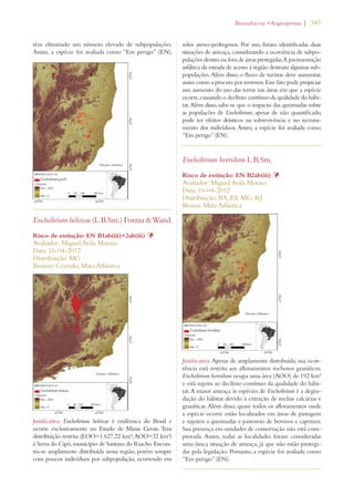 | 347 
têm eliminado um número elevado de subpopulações. 
Assim, a espécie foi avaliada como “Em perigo” (EN). 
Encholirium heloisae (L.B.Sm.) Forzza  Wand. 
Risco de extinção: EN B1ab(iii)+2ab(iii) Þ 
Avaliador: Miguel Avila Moraes 
Data: 16-04-2012 
Distribuição: MG 
Biomas: Cerrado; Mata Atlântica 
Justificativa: Encholirium heloisae é endêmica do Brasil e 
ocorre exclusivamente no Estado de Minas Gerais. Tem 
distribuição restrita (EOO=1.627,22 km²; AOO=32 km²) 
à Serra do Cipó, município de Santana do Riacho. Encon-tra- 
se amplamente distribuída nessa região, porém sempre 
com poucos indivíduos por subpopulação, ocorrendo em 
solos areno-pedregosos. Por isso, foram identificadas duas 
situações de ameaça, considerando a ocorrência de subpo-pulações 
dentro ou fora de áreas protegidas. A pavimentação 
asfáltica da estrada de acesso à região destruiu algumas sub-populações. 
Além disso, o fluxo de turistas deve aumentar, 
assim como a procura por terrenos. Esse fato pode propiciar 
um aumento do uso das terras nas áreas em que a espécie 
ocorre, causando o declínio contínuo da qualidade do hábi-tat. 
Além disso, sabe-se que o impacto das queimadas sobre 
as populações de Encholirium, apesar de não quantificado, 
pode ter efeitos drásticos na sobrevivência e no recruta-mento 
dos indivíduos. Assim, a espécie foi avaliada como 
“Em perigo” (EN). 
Encholirium horridum L.B.Sm. 
Risco de extinção: EN B2ab(iii) Þ 
Avaliador: Miguel Avila Moraes 
Data: 16-04-2012 
Distribuição: BA; ES; MG; RJ 
Bioma: Mata Atlântica 
Justificativa: Apesar de amplamente distribuída, sua ocor-rência 
está restrita aos afloramentos rochosos graníticos. 
Encholirium horridum ocupa uma área (AOO) de 192 km² 
e está sujeita ao declínio contínuo da qualidade do hábi-tat. 
A maior ameaça às espécies de Encholirium é a degra-dação 
do hábitat devido à extração de rochas calcárias e 
graníticas. Além disso, quase todos os afloramentos onde 
a espécie ocorre estão localizados em áreas de pastagem 
e sujeitos a queimadas e pastoreio de bovinos e caprinos. 
Sua presença em unidades de conservação não está com-provada. 
Assim, todas as localidades foram consideradas 
uma única situação de ameaça, já que não estão protegi-das 
pela legislação. Portanto, a espécie foi avaliada como 
“Em perigo” (EN). 
ROMELIACEAEs!NGIOSPERMA 
 