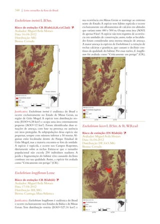 348 | Livro vermelho da flora do Brasil 
Encholirium irwinii L.B.Sm. 
Risco de extinção: CR B1ab(i,ii,iii,v);C2a(i) Þ 
Avaliador: Miguel Avila Moraes 
Data: 16-04-2012 
Distribuição: MG 
Bioma: Cerrado 
Justificativa: Encholirium irwinii é endêmica do Brasil e 
ocorre exclusivamente no Estado de Minas Gerais, na 
região de Grão Mogol. A espécie tem distribuição res-trita 
(EOO=6,58 km²) e ocupa uma área extremamente 
pequena (AOO=12 km²). Foram identificadas duas si-tuações 
de ameaça, com base na presença ou ausência 
em áreas protegidas. As subpopulações dessa espécie são 
pequenas, sempre com número inferior a 50 rosetas. Al-gumas 
estão localizadas dentro do Parque Estadual de 
Grão Mogol, mas a maioria encontra-se fora da unidade. 
A espécie é rupícola, e ocorre nos Campos Rupestres, 
diretamente sobre as rochas. Estima-se que o tamanho 
populacional não exceda 250 indivíduos maduros. A 
perda e fragmentação do hábitat vêm causando declínio 
contínuo em sua qualidade. Assim, a espécie foi avaliada 
como “Criticamente em perigo” (CR). 
Encholirium longiflorum Leme 
Risco de extinção: CR B2ab(iii) Þ 
Avaliador: Miguel Avila Moraes 
Data: 17-04-2012 
Distribuição: BA; MG 
Bioma: Caatinga; Mata Atlântica 
Justificativa: Encholirium longiflorum é endêmica do Brasil 
e ocorre exclusivamente nos Estados da Bahia e de Minas 
Gerais. Tem distribuição restrita (EOO=527,16 km²) e 
sua ocorrência em Minas Gerais se restringe ao extremo 
norte do Estado. A espécie tem hábito rupícola e ocorre 
exclusivamente em afloramentos de calcário em altitudes 
que variam entre 480 e 500 m. Ocupa uma área (AOO) 
de apenas 8 km². A espécie não tem registros de ocorrên-cia 
em unidades de conservação, assim, todas as localida-des 
foram consideradas uma mesma situação de ameaça. 
A maior ameaça às espécies de Encholirium é a extração de 
rochas calcárias e graníticas, que causam o declínio con-tínuo 
da qualidade do hábitat. Por essas razões, E. longiflo-rum 
foi avaliada como “Criticamente em perigo” (CR). 
Encholirium luxor L.B.Sm.  R.W.Read 
Risco de extinção: EN B2ab(iii) Þ 
Avaliador: Miguel Avila Moraes 
Data: 16-04-2012 
Distribuição: DF; GO; MG 
Bioma: Cerrado 
 