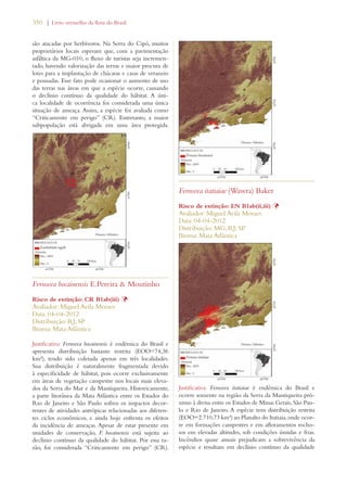350 | Livro vermelho da flora do Brasil 
são atacadas por herbívoros. Na Serra do Cipó, muitos 
proprietários locais esperam que, com a pavimentação 
asfáltica da MG-010, o fluxo de turistas seja incremen-tado, 
havendo valorização das terras e maior procura de 
lotes para a implantação de chácaras e casas de veraneio 
e pousadas. Esse fato pode ocasionar o aumento de uso 
das terras nas áreas em que a espécie ocorre, causando 
o declínio contínuo da qualidade do hábitat. A úni-ca 
localidade de ocorrência foi considerada uma única 
situação de ameaça. Assim, a espécie foi avaliada como 
“Criticamente em perigo” (CR). Entretanto, a maior 
subpopulação está abrigada em uma área protegida. 
Fernseea bocainensis E.Pereira  Moutinho 
Risco de extinção: CR B1ab(iii) Þ 
Avaliador: Miguel Avila Moraes 
Data: 04-04-2012 
Distribuição: RJ; SP 
Bioma: Mata Atlântica 
Justificativa: Fernseea bocainensis é endêmica do Brasil e 
apresenta distribuição bastante restrita (EOO=74,36 
km²), tendo sido coletada apenas em três localidades. 
Sua distribuição é naturalmente fragmentada devido 
à especificidade de hábitat, pois ocorre exclusivamente 
em áreas de vegetação campestre nos locais mais eleva-dos 
da Serra do Mar e da Mantiqueira. Historicamente, 
a parte litorânea da Mata Atlântica entre os Estados do 
Rio de Janeiro e São Paulo sofreu os impactos decor-rentes 
de atividades antrópicas relacionadas aos diferen-tes 
ciclos econômicos, e ainda hoje enfrenta os efeitos 
da incidência de ameaças. Apesar de estar presente em 
unidades de conservação, F. bocainensis está sujeita ao 
declínio contínuo da qualidade do hábitat. Por essa ra-zão, 
foi considerada “Criticamente em perigo” (CR). 
Fernseea itatiaiae (Wawra) Baker 
Risco de extinção: EN B1ab(ii,iii) Þ 
Avaliador: Miguel Avila Moraes 
Data: 04-04-2012 
Distribuição: MG; RJ; SP 
Bioma: Mata Atlântica 
Justificativa: Fernseea itatiaiae é endêmica do Brasil e 
ocorre somente na região da Serra da Mantiqueira pró-ximo 
à divisa entre os Estados de Minas Gerais, São Pau-lo 
e Rio de Janeiro. A espécie tem distribuição restrita 
(EOO=2.710,73 km²) ao Planalto do Itatiaia, onde ocor-re 
em formações campestres e em afloramentos rocho-sos 
em elevadas altitudes, sob condições úmidas e frias. 
Incêndios quase anuais prejudicam a sobrevivência da 
espécie e resultam em declínio contínuo da qualidade 
 
