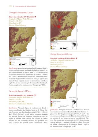 356 | Livro vermelho da flora do Brasil 
Neoregelia inexspectata Leme 
Risco de extinção: EN B1ab(iii) Þ 
Avaliador: Miguel Avila Moraes 
Data: 01-02-2012 
Distribuição: ES 
Bioma: Mata Atlântica 
Justificativa: Neoregelia inexspectata é endêmica do Brasil e 
ocorre exclusivamente no Estado do Espírito Santo. A es-pécie 
tem distribuição restrita (EOO=306,98 km²) e sua 
ocorrência limita-se aos fragmentos de Floresta Ombró-fila 
Densa e floresta úmida de encosta, ambientes extre-mamente 
fragmentados que tiveram redução significativa 
da cobertura original devido ao impacto das atividades 
agrícolas. Apenas uma situação de ameaça foi identificada. 
Assim, a espécie foi avaliada como “Em perigo” (EN). 
Neoregelia leprosa L.B.Sm. 
Risco de extinção: VU B1ab(iii) Þ 
Avaliador: Miguel Avila Moraes 
Data: 01-02-2012 
Distribuição: ES; MG 
Biomas: Cerrado; Mata Atlântica 
Justificativa: Neoregelia leprosa é endêmica do Brasil e 
ocorre nos Estados do Espírito Santo e de Minas Ge-rais. 
A espécie tem distribuição restrita (EOO=12.285,61 
km²; AOO=28 km²), e está sujeita a quatro situações 
de ameaça. Apesar de existirem divergências em re-lação 
ao hábitat onde ocorre, sua região de distri-buição 
está em constante declínio de qualidade. As-sim, 
a espécie foi avaliada como “Vulnerável” (VU). 
Neoregelia menescalii Leme 
Risco de extinção: EN B1ab(iii) Þ 
Avaliador: Miguel Avila Moraes 
Data: 01-02-2012 
Distribuição: ES 
Bioma: Mata Atlântica 
Justificativa: Neoregelia menescalii é endêmica do Brasil e 
ocorre exclusivamente no Estado do Espírito Santo. A es-pécie 
tem distribuição restrita (EOO=346,71 km²) e foi 
encontrada em fragmentos de Floresta Ombrófila Densa 
no interior de um remanescente no município de Cas-telo. 
Este município perdeu mais de 80% da cobertura 
vegetal original e continua sofrendo os efeitos da perda 
de hábitat e fragmentação da paisagem. Assim, a espécie 
foi avaliada como “Em perigo” (EN). 
 