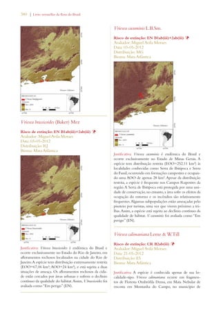 380 | Livro vermelho da flora do Brasil 
Vriesea brassicoides (Baker) Mez 
Risco de extinção: EN B1ab(iii)+2ab(iii) Þ 
Avaliador: Miguel Avila Moraes 
Data: 03-05-2012 
Distribuição: RJ 
Bioma: Mata Atlântica 
Justificativa: Vriesea brassicoides é endêmica do Brasil e 
ocorre exclusivamente no Estado do Rio de Janeiro, em 
afloramentos rochosos localizados na cidade do Rio de 
Janeiro. A espécie tem distribuição extremamente restrita 
(EOO=67,06 km²; AOO=24 km²), e está sujeita a duas 
situações de ameaça. Os afloramentos rochosos da cida-de 
estão cercados por áreas urbanas e sofrem o declínio 
contínuo da qualidade do hábitat. Assim, V. brassicoides foi 
avaliada como “Em perigo” (EN). 
Vriesea cacuminis L.B.Sm. 
Risco de extinção: EN B1ab(iii)+2ab(iii) Þ 
Avaliador: Miguel Avila Moraes 
Data: 03-05-2012 
Distribuição: MG 
Bioma: Mata Atlântica 
Justificativa: Vriesea cacuminis é endêmica do Brasil e 
ocorre exclusivamente no Estado de Minas Gerais. A 
espécie tem distribuição restrita (EOO=252,11 km²) às 
localidades conhecidas como Serra de Ibitipoca e Serra 
do Funil, ocorrendo em formações campestres e ocupan-do 
uma AOO de apenas 28 km². Apesar da distribuição 
restrita, a espécie é frequente nos Campos Rupestres da 
região. A Serra de Ibitipoca está protegida por uma uni-dade 
de conservação, no entanto, a área sofre os efeitos da 
ocupação do entorno e os incêndios são relativamente 
frequentes. Algumas subpopulações estão ameaçadas pelo 
pisoteio por turistas, uma vez que vivem próximo a tri-lhas. 
Assim, a espécie está sujeita ao declínio contínuo da 
qualidade de hábitat. V. cacuminis foi avaliada como “Em 
perigo” (EN). 
Vriesea calimaniana Leme  W.Till 
Risco de extinção: CR B2ab(iii) Þ 
Avaliador: Miguel Avila Moraes 
Data: 21-05-2012 
Distribuição: ES 
Bioma: Mata Atlântica 
Justificativa: A espécie é conhecida apenas de sua lo-calidade- 
tipo. Vriesea calimaniana ocorre em fragmen-tos 
de Floresta Ombrófila Densa, em Mata Nebular de 
encosta em Montanha do Campo, no município de 
 