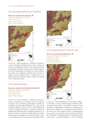 384 | Livro vermelho da flora do Brasil 
Vriesea kautskyana E.Pereira  I.A.Penna 
Risco de extinção: VU B1ab(iii) Þ 
Avaliador: Miguel Avila Moraes 
Data: 22-05-2012 
Distribuição: ES; RJ 
Bioma: Mata Atlântica 
Justificativa: Vriesea kautskyana é endêmica do Brasil e 
ocorre nos Estados do Espírito Santo e Rio de Janeiro. A 
espécie tem distribuição restrita e está sujeita ao declínio 
da qualidade do hábitat, decorrente de atividades agríco-las. 
Foram identificadas três situações de ameaça distintas 
de acordo com as dinâmicas regionais de uso do solo: a 
região serrana do Espírito Santo e a região serrana e as 
planícies do Rio de Janeiro. Assim, a espécie foi avaliada 
como “Vulnerável” (VU). 
Vriesea leptantha Harms 
Risco de extinção: CR B1ab(iii)+2ab(iii) Þ 
Avaliador: Miguel Avila Moraes 
Data: 22-05-2012 
Distribuição: RJ 
Bioma: Mata Atlântica 
Justificativa: Vriesea leptantha é endêmica do Brasil e 
ocorre exclusivamente no Estado do Rio de Janeiro. 
A espécie cresce em Floresta Ombrófila de altitude, do 
município de Santa Maria Madalena. Tem uma área de 
ocupação (AOO) de apenas 8 km² e uma EOO ainda 
menor. V. leptantha está sujeita ao declínio contínuo da 
qualidade do hábitat devido às atividades agrícolas e à ex-pansão 
das áreas de veraneio da região, além do turismo 
desordenado nas unidades de conservação. Assim, a espé-cie 
foi avaliada como “Criticamente em perigo” (CR). 
Vriesea longistaminea C.C.Paula  Leme 
Risco de extinção: CR B2ab(ii,iii) Þ 
Avaliador: Miguel Avila Moraes 
Data: 03-07-2012 
Distribuição: MG 
Bioma: Mata Atlântica 
Justificativa: Vriesea longistaminea é uma espécie endêmi-ca 
do Brasil e ocorre exclusivamente no Estado de Mi-nas 
Gerais. Está restrita a uma AOO de apenas 8 km² 
localizada no Quadrilátero Ferrífero, nos municípios de 
Nova Lima e Mariana, e é considerada uma das bromé-lias 
mais raras nesse ambiente. Todas as subpopulações 
dessa espécie ocorrem sobre canga em áreas de atividade 
de mineradoras. A subpopulação da localidade-tipo não 
existe mais e as outras localidades na Serra da Moeda 
 