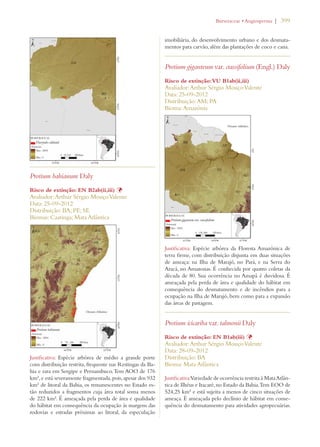 | 399 
Protium bahianum Daly 
Risco de extinção: EN B2ab(ii,iii) Þ 
Avaliador: Arthur Sérgio Mouço Valente 
Data: 25-09-2012 
Distribuição: BA; PE; SE 
Biomas: Caatinga; Mata Atlântica 
Justificativa: Espécie arbórea de médio a grande porte 
com distribuição restrita, frequente nas Restingas da Ba-hia 
e rara em Sergipe e Pernambuco. Tem AOO de 176 
km², e está severamente fragmentada, pois, apesar dos 932 
km² de litoral da Bahia, os remanescentes no Estado es-tão 
reduzidos a fragmentos cuja área total soma menos 
de 222 km². É ameaçada pela perda de área e qualidade 
do hábitat em consequência da ocupação às margens das 
rodovias e estradas próximas ao litoral, da especulação 
URSERACEAEs!NGIOSPERMA 
imobiliária, do desenvolvimento urbano e dos desmata-mentos 
para carvão, além das plantações de coco e cana. 
Protium giganteum var. crassifolium (Engl.) Daly 
Risco de extinção: VU B1ab(ii,iii) 
Avaliador: Arthur Sérgio Mouço Valente 
Data: 25-09-2012 
Distribuição: AM; PA 
Bioma: Amazônia 
Justificativa: Espécie arbórea da Floresta Amazônica de 
terra firme, com distribuição disjunta em duas situações 
de ameaça: na Ilha de Marajó, no Pará, e na Serra do 
Aracá, no Amazonas. É conhecida por quatro coletas da 
década de 80. Sua ocorrência no Amapá é duvidosa. É 
ameaçada pela perda de área e qualidade do hábitat em 
consequência do desmatamento e de incêndios para a 
ocupação na Ilha de Marajó, bem como para a expansão 
das áreas de pastagem. 
Protium icicariba var. talmonii Daly 
Risco de extinção: EN B1ab(iii) Þ 
Avaliador: Arthur Sérgio Mouço Valente 
Data: 28-09-2012 
Distribuição: BA 
Bioma: Mata Atlântica 
Justificativa: Variedade de ocorrência restrita à Mata Atlân-tica 
de Ilhéus e Itacaré, no Estado da Bahia. Tem EOO de 
524,25 km² e está sujeita a menos de cinco situações de 
ameaça. É ameaçada pelo declínio de hábitat em conse-quência 
do desmatamento para atividades agropecuárias. 
 
