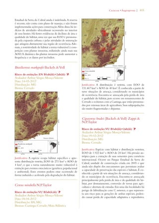 | 405 
Estadual da Serra do Cabral ainda é indefinida. A reserva 
é recente, não conta com plano de manejo, e não foram 
implementadas ações para conservação. Além disso, há in-dícios 
de atividades silviculturais ocorrendo no interior 
de seus limites. Há fortes evidências de declínio de área e 
qualidade do hábitat, uma vez que sua EOO é pressiona-da 
pela expansão urbana e pelas atividades de mineração 
que atingem diretamente sua região de ocorrência. Ade-mais, 
a restritividade de hábitat a torna vulnerável à com-petição 
com plantas invasoras, reduzindo ainda mais sua 
AOO. A dinâmica das plantas invasoras pode aumentar a 
frequência e os danos por incêndios. 
Brasilicereus markgrafii Backeb.  Voll 
Risco de extinção: EN B1ab(iii)+2ab(iii) Þ 
Avaliador: Arthur Sérgio Mouço Valente 
Data: 14-03-2012 
Distribuição: MG 
Bioma: Cerrado 
Justificativa: A espécie ocupa hábitat específico e apre-senta 
distribuição restrita, EOO de 271 km² e AOO de 
4 km², o que a torna naturalmente muito vulnerável à 
extinção por eventos estocásticos (genético, populacional 
e ambiental). Esses eventos podem estar ocorrendo de 
forma induzida e acelerada pela degradação do hábitat. 
Cereus mirabella N.P.Taylor 
Risco de extinção: VU B2ab(ii,iii) Þ 
Avaliador: Arthur Sérgio Mouço Valente 
Data: 04-04-2012 
Distribuição: BA; MG 
Biomas: Caatinga; Cerrado; Mata Atlântica 
#ACTACEAEs!NGIOSPERMA 
Justificativa: A distribuição é restrita, com EOO de 
131.467 km² e AOO de 40 km². É conhecida a partir de 
nove situações de ameaça, considerando os municípios 
de ocorrência. Encontra-se ameaçada pela perda de área 
e qualidade do hábitat, pois ocorre em remanescentes de 
Cerrado e ecótonos com a Caatinga, que estão pressiona-dos 
por extensas áreas de agricultura. Suas subpopulações 
são muito fragmentadas e disjuntas. 
Cipocereus bradei (Backeb.  Voll) Zappi  
N.P.Taylor 
Risco de extinção: VU B1ab(iii)+2ab(iii) Þ 
Avaliador: Arthur Sérgio Mouço Valente 
Data: 09-02-2012 
Distribuição: MG 
Bioma: Cerrado 
Justificativa: Espécie com hábitat e distribuição restritos, 
EOO de 1.922 km² e AOO de 24 km². Há pressão an-trópica 
para a extração de suas sementes para comércio 
internacional. Ocorre no Parque Estadual da Serra do 
Cabral, unidade de conservação criada em 2005 e que 
ainda não dispõe dos mecanismos que permitam avaliar 
a capacidade de preservação das espécies e hábitats. É co-nhecida 
a partir de seis situações de ameaça, consideran-do 
os municípios de ocorrência. Encontra-se ameaçada 
principalmente pela perda de área e da qualidade do há-bitat, 
por desmatamento, conversão de terras para agri-cultura 
e abertura de estradas. Em uma das localidades há 
perigo de hibridização com C. minensis, o que represen-ta 
um risco para as gerações de ambas espécies, poden-do 
causar perda de capacidade adaptativa e reprodutiva. 
 