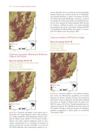 406 | Livro vermelho da flora do Brasil 
Cipocereus crassisepalus (Buining  Brederoo) 
Zappi  N.P.Taylor 
Risco de extinção: EN D1 Þ 
Avaliador: Danielli Cristina Kutschenko 
Data: 04-04-2012 
Distribuição: MG 
Biomas: Cerrado; Mata Atlântica 
Justificativa: Cipocereus crassisepalus é uma espécie que se 
desenvolve em Campo Rupestre sobre rochas areníticas 
ou cascalho quartizítico. Tem distribuição restrita ao Es-tado 
de Minas Gerais (EOO=1.701,75 km²). A hibri-dização 
com outras espécies simpátricas pode ser uma 
ameaça à perpetuação de C. crassisepalus na natureza. A 
espécie está presente em listas vermelhas e no anexo II 
da CITES, indicando valor ornamental e sujeição ao co-mércio. 
Há relatos de sua ocorrência em áreas protegidas. 
Estudos indicam que existem menos de 10 subpopula-ções 
bastante próximas, as quais se encontram em declí-nio. 
Desta forma, pela distribuição e presença e ausência 
em unidade de conservação, podem ser identificadas me-nos 
de cinco situações de ameaça distintas. Além da ação 
de coletores, o hábitat da espécie vem sendo destruído 
por produtores de carvão, o que sugere declínio da EOO 
e da qualidade do hábitat. Diante do exposto, C. Crassise-palus 
foi avaliada como “Em perigo” (EN). 
Cipocereus laniflorus N.P.Taylor  Zappi 
Risco de extinção: EN D Þ 
Avaliador: Danielli Cristina Kutschenko 
Data: 04-04-2012 
Distribuição: MG 
Bioma: Mata Atlântica 
Justificativa: Cipocereus laniflorus é um arbusto suculento 
que ocorre em afloramentos quartzíticos, em encostas 
íngremes de morros e paredes rochosas. Sua ocorrência 
está restrita à Reserva Particular do Patrimônio Natural 
do Caraça, no Estado de Minas Gerais. A espécie tem 
EOO de apenas 451,55 km². Estudos populacionais re-velaram 
um total de 321 indivíduos, dos quais menos de 
250 adultos. Devido ao pequeno número de indivíduos 
maduros na população, a espécie pode ser considerada 
“Em perigo” (EN). 
 