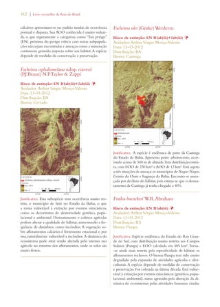 412 | Livro vermelho da flora do Brasil 
calcários apresentam-se no padrão insular, de ocorrência 
pontual e disjunta. Sua AOO conhecida é muito reduzi-da, 
o que seguramente a categoriza como “Em perigo” 
(EN), próxima do perigo crítico caso novas subpopula-ções 
não sejam encontradas e ameaças como a mineração 
continuem gerando impacto sobre seu hábitat. A espécie 
depende de medidas de conservação e preservação. 
Facheiroa cephaliomelana subsp. estevesii 
(P.J.Braun) N.P.Taylor  Zappi 
Risco de extinção: EN B1ab(iii)+2ab(iii) Þ 
Avaliador: Arthur Sérgio Mouço Valente 
Data: 13-03-2012 
Distribuição: BA 
Bioma: Cerrado 
Justificativa: Esta subespécie tem ocorrência muito res-trita, 
o município de Iuiú no Estado da Bahia, o que 
a torna vulnerável à extinção por eventos estocásticos, 
como os decorrentes de aleatoriedade genética, popu-lacional 
e ambiental. Desmatamento e cultivos agrícolas 
podem alterar a qualidade do hábitat, aumentando a fre-quência 
de distúrbios, como incêndios. A vegetação so-bre 
afloramentos calcários é fortemente estacional e, por 
isso, naturalmente vulnerável a incêndios. A dinâmica do 
ecossistema pode estar sendo alterada pelo intenso uso 
agrícola no entorno dos afloramentos, onde os solos são 
muito férteis. 
Facheiroa ulei (Gürke) Werderm. 
Risco de extinção: EN B1ab(iii)+2ab(iii) Þ 
Avaliador: Arthur Sérgio Mouço Valente 
Data: 13-03-2012 
Distribuição: BA 
Bioma: Caatinga 
Justificativa: A espécie é endêmica de parte da Caatinga 
do Estado da Bahia. Apresenta porte arborescente, ocor-rendo 
acima de 500 m de altitude. Tem distribuição restri-ta, 
com EOO de 230 km² e AOO de 12 km². Está sujeita 
a três situações de ameaça: os municípios de Xique-Xique, 
Gentio do Ouro e Itaguaçu da Bahia. Encontra-se amea-çada 
por declínio do hábitat, pois estima-se que o desma-tamento 
da Caatinga já tenha chegado a 40%. 
Frailea buenekeri W.R.Abraham 
Risco de extinção: EN B1ab(iii) Þ 
Avaliador: Arthur Sérgio Mouço Valente 
Data: 13-03-2012 
Distribuição: RS 
Bioma: Pampa 
Justificativa: Espécie endêmica do Estado do Rio Gran-de 
do Sul, com distribuição muito restrita aos Campos 
Sulinos (Pampa) e EOO calculada em 485 km². Torna- 
-se ainda mais restrita pela especificidade de hábitat: os 
afloramentos rochosos. O bioma Pampa tem sido muito 
degradado pela expansão de atividades agrícolas e silvi-culturais. 
A espécie depende de medidas de conservação 
e preservação. Foi coletada na última década. Está vulne-rável 
à extinção por eventos estocásticos (genético, popu-lacional, 
ambiental), status agravado pela alteração da di-nâmica 
de ecossistemas pelas atividades humanas citadas. 
 