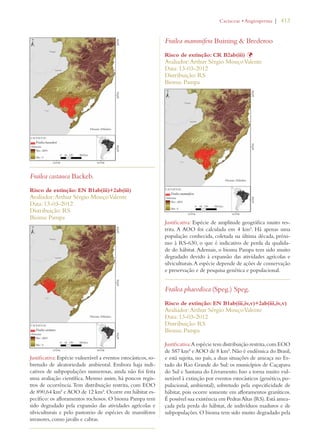 | 413 
Frailea castanea Backeb. 
Risco de extinção: EN B1ab(iii)+2ab(iii) 
Avaliador: Arthur Sérgio Mouço Valente 
Data: 13-03-2012 
Distribuição: RS 
Bioma: Pampa 
Justificativa: Espécie vulnerável a eventos estocásticos, so-bretudo 
de aleatoriedade ambiental. Embora haja indi-cativos 
de subpopulações numerosas, ainda não foi feita 
uma avaliação científica. Mesmo assim, há poucos regis-tros 
de ocorrência. Tem distribuição restrita, com EOO 
de 890,64 km² e AOO de 12 km². Ocorre em hábitat es-pecífico: 
os afloramentos rochosos. O bioma Pampa tem 
sido degradado pela expansão das atividades agrícolas e 
silviculturais e pelo pastoreio de espécies de mamíferos 
invasores, como javalis e cabras. 
#ACTACEAEs!NGIOSPERMA 
Frailea mammifera Buining  Brederoo 
Risco de extinção: CR B2ab(iii) Þ 
Avaliador: Arthur Sérgio Mouço Valente 
Data: 13-03-2012 
Distribuição: RS 
Bioma: Pampa 
Justificativa: Espécie de amplitude geográfica muito res-trita. 
A AOO foi calculada em 4 km². Há apenas uma 
população conhecida, coletada na última década, próxi-mo 
à RS-630, o que é indicativo de perda da qualida-de 
do hábitat. Ademais, o bioma Pampa tem sido muito 
degradado devido à expansão das atividades agrícolas e 
silviculturais. A espécie depende de ações de conservação 
e preservação e de pesquisa genética e populacional. 
Frailea phaeodisca (Speg.) Speg. 
Risco de extinção: EN B1ab(iii,iv,v)+2ab(iii,iv,v) 
Avaliador: Arthur Sérgio Mouço Valente 
Data: 13-03-2012 
Distribuição: RS 
Bioma: Pampa 
Justificativa: A espécie tem distribuição restrita, com EOO 
de 587 km² e AOO de 8 km². Não é endêmica do Brasil, 
e está sujeita, no país, a duas situações de ameaça no Es-tado 
do Rio Grande do Sul: os municípios de Caçapava 
do Sul e Santana do Livramento. Isso a torna muito vul-nerável 
à extinção por eventos estocásticos (genético, po-pulacional, 
ambiental), sobretudo pela especificidade de 
hábitat, pois ocorre somente em afloramentos graníticos. 
É possível sua existência em Pedras Altas (RS). Está amea-çada 
pela perda do hábitat, de indivíduos maduros e de 
subpopulações. O bioma tem sido muito degradado pela 
 