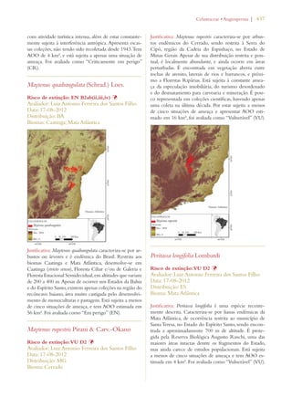 | 437 
com atividade turística intensa, além de estar constante-mente 
sujeita à interferência antrópica. Apresenta escas-sas 
coleções, não tendo sido recoletada desde 1943. Tem 
AOO de 4 km², e está sujeita a apenas uma situação de 
ameaça. Foi avaliada como “Criticamente em perigo” 
(CR). 
Maytenus quadrangulata (Schrad.) Loes. 
Risco de extinção: EN B2ab(ii,iii,iv) Þ 
Avaliador: Luiz Antonio Ferreira dos Santos Filho 
Data: 17-08-2012 
Distribuição: BA 
Biomas: Caatinga; Mata Atlântica 
Justificativa: Maytenus quadrangulata caracteriza-se por ar-bustos 
ou árvores e é endêmica do Brasil. Restrita aos 
biomas Caatinga e Mata Atlântica, desenvolve-se em 
Caatinga (stricto sensu), Floresta Ciliar e/ou de Galeria e 
Floresta Estacional Semidecidual, em altitudes que variam 
de 200 a 400 m. Apesar de ocorrer nos Estados da Bahia 
e do Espírito Santo, existem apenas coleções na região do 
recôncavo baiano, área muito castigada pelo desenvolvi-mento 
de monoculturas e pastagens. Está sujeita a menos 
de cinco situações de ameaça, e tem AOO estimada em 
56 km². Foi avaliada como “Em perigo” (EN). 
Maytenus rupestris Pirani  Carv.-Okano 
Risco de extinção: VU D2 Þ 
Avaliador: Luiz Antonio Ferreira dos Santos Filho 
Data: 17-08-2012 
Distribuição: MG 
Bioma: Cerrado 