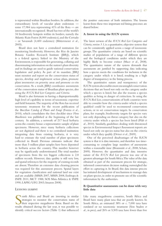 Livro vermelho da flora do Brasil | 47 
is represented within Brazilian borders. In addition, the 
extraordinary levels of vascular plant endemism — 
some 17,984 taxa representing 41% of the flora — are 
internationally recognized. Brazil has two of the world’s 
34 biodiversity hotspots within its borders, namely the 
Atlantic Rain Forest (8,000 endemics), and the Cerrado 
– or Savannah (4,400 endemics) (Mittermeier et al., 
2005). 
Brazil does not have a centralized institution for 
monitoring biodiversity. However, the Rio de Janeiro 
Botanic Garden Research Institute (JBRJ), which 
is a federal agency linked to the Ministry of the 
Environment, is responsible for generating, collating and 
disseminating information on the nation’s plant diversity 
and its findings are used to guide national conservation 
legislation and policy. As part of its mandate, JBRJ 
must monitor and report on the conservation status of 
species, develop and implement action plans, promote 
plant inventories on priority areas and promote ex-situ 
conservation. As a result, JBRJ coordinates assessments 
of the conservation status of Brazilian plant species, also 
using the IUCN Red List Categories and Criteria. 
Brazil is also fortunate in having a disproportionably 
high level of capability in terms of taxonomic expertise 
and field botanists. The majority of the flora has received 
taxonomic treatment for the recent publication of 
the Brazilian Catalog of Plants and Fungi (Forzza et al., 
2010), which consolidates the first checklist since Flora 
Brasiliensis was published at the beginning of the last 
century. In addition, a network of 217 local herbaria 
across the country house a representative sample of plant 
specimens. However, since many herbaria collections 
are not digitized and there is no centralized institution 
integrating data from existing herbaria, it is very 
hard to estimate the total number of plant specimens 
collected in Brazil. Previous estimates indicate that 
more than 5 million plant samples have been deposited 
in herbaria across the country. This number however 
may be significantly underestimated. The total number 
of specimens from the ten biggest collections is 2.8 
million records. However, data quality is still very low, 
and spatial references for the majority of existing records 
are absent. Therefore an extensive data cleaning process 
was required for this assessment process. Spatial layers 
for vegetation classification and national land use exist 
and are available (MMA 2007, MMA 2008, Embrapa  
INPE 2011, MCT 1988, SOS Mata Atlântica  INPE 
1990, LAPIG/UFG 2003; Imazon 2008). 
Lessons learnt 
South Africa and Brazil are investing in similar 
strategies to monitor the conservation status of 
their respective megadiverse floras. Based on the 
results obtained during the last year, it was possible to 
identify critical success factors (Table 1) that influenced 
the positive outcomes of both initiatives. The lessons 
learnt from these two important red listing processes are 
shared below: 
A. Invest in using the IUCN system 
The latest version of the IUCN Red List Categories and 
Criteria, version 3.1, is a quantitative, objective system that 
can be consistently applied across a range of taxonomic 
groups. The quantitative criteria are based on scientific 
studies of populations of a range of different species 
and the biological conditions under which they are 
highly likely to become extinct (Mace et al., 2008). 
The quantitative nature of the system demands that 
assessments are justified by supporting data indicating 
how a species meets the conditions for inclusion in the 
category under which it is listed, resulting in a high 
degree of transparency in the listing process. 
The quantitative nature and transparency of the 
IUCN system also enables more meaningful conservation 
decisions that are based not only on the category under 
which a species is listed, but also the reasons a species 
qualifies as being in danger of extinction. In using the 
IUCN Red List, conservationists of both countries were 
able to consider how the criteria under which a species 
qualified could be used to recommend conservation 
actions, or to set conservation targets. In conservation 
plans, for example, biodiversity targets for species vary 
not only depending on threat category but also on the 
criteria under which a species has been listed (Pfab et 
al., 2010). Similarly, guidelines dealing with threatened 
species in Environmental Impact Assessment reports are 
based not only on species status but also on the criteria 
under which they qualify (Driver et al., 2009). 
One of the perceived disadvantages of the IUCN 
system is that it is data intensive, and therefore too time-consuming 
to complete large numbers of assessments 
within a reasonable time (Brummitt et al., 2008; Schatz, 
2009). However, the quantitative and data intensive 
nature of the IUCN Red List process was one of its 
greatest advantages for South Africa. The value of the data 
obtained as part of the assessment process for strategic, 
informed conservation decision making outweighed the 
effort in capturing it. In Brazil, this data intense process 
has initiated development of mechanisms to manage data 
on plant species, in order to promote use of the scientific 
information by the authorities. 
B. Quantitative assessments can be done with very 
little data 
Like many megadiverse countries, South Africa and 
Brazil have many plant taxa that are poorly known. In 
South Africa, an estimated 38% or c. 7,000 taxa have 
outdated or no taxonomic treatment (Von Staden et 
al., in press), and 26% or 5,505 taxa have fewer than five 
 