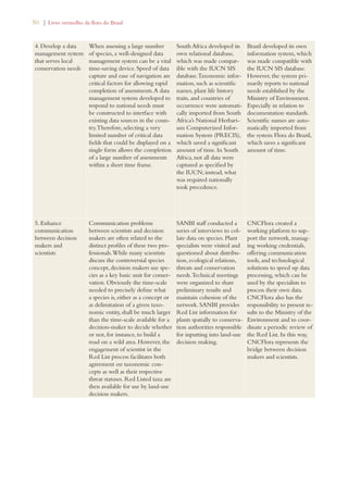 50 | Livro vermelho da flora do Brasil 
4. Develop a data 
management system 
that serves local 
conservation needs 
When assessing a large number 
of species, a well-designed data 
management system can be a vital 
time-saving device. Speed of data 
capture and ease of navigation are 
critical factors for allowing rapid 
completion of assessments. A data 
management system developed to 
respond to national needs must 
be constructed to interface with 
existing data sources in the coun-try. 
Therefore, selecting a very 
limited number of critical data 
fields that could be displayed on a 
single form allows the completion 
of a large number of assessments 
within a short time frame. 
South Africa developed its 
own relational database, 
which was made compat-ible 
with the IUCN SIS 
database. Taxonomic infor-mation, 
such as scientific 
names, plant life history 
traits, and countries of 
occurrence were automati-cally 
imported from South 
Africa’s National Herbari-um 
Computerized Infor-mation 
System (PRECIS), 
which saved a significant 
amount of time. In South 
Africa, not all data were 
captured as specified by 
the IUCN; instead, what 
was required nationally 
took precedence. 
Brazil developed its own 
information system, which 
was made compatible with 
the IUCN SIS database. 
However, the system pri-marily 
reports to national 
needs established by the 
Ministry of Environment. 
Especially in relation to 
documentation standards. 
Scientific names are auto-matically 
imported from 
the system Flora do Brazil, 
which saves a significant 
amount of time. 
5. Enhance 
communication 
between decision 
makers and 
scientists 
Communication problems 
between scientists and decision 
makers are often related to the 
distinct profiles of these two pro-fessionals. 
While many scientists 
discuss the controversial species 
concept, decision makers use spe-cies 
as a key basic unit for conser-vation. 
Obviously the time-scale 
needed to precisely define what 
a species is, either as a concept or 
as delimitation of a given taxo-nomic 
entity, shall be much larger 
than the time-scale available for a 
decision-maker to decide whether 
or not, for instance, to build a 
road on a wild area. However, the 
engagement of scientist in the 
Red List process facilitates both 
agreement on taxonomic con-cepts 
as well as their respective 
threat statuses. Red Listed taxa are 
then available for use by land-use 
decision makers. 
SANBI staff conducted a 
series of interviews to col-late 
data on species. Plant 
specialists were visited and 
questioned about distribu-tion, 
ecological relations, 
threats and conservation 
needs. Technical meetings 
were organized to share 
preliminary results and 
maintain cohesion of the 
network. SANBI provides 
Red List information for 
plants spatially to conserva-tion 
authorities responsible 
for inputting into land-use 
decision making. 
CNCFlora created a 
working platform to sup-port 
the network, manag-ing 
working credentials, 
offering communication 
tools, and technological 
solutions to speed up data 
processing, which can be 
used by the specialists to 
process their own data. 
CNCFlora also has the 
responsibility to present re-sults 
to the Ministry of the 
Environment and to coor-dinate 
a periodic review of 
the Red List. In this way, 
CNCFlora represents the 
bridge between decision 
makers and scientists. 
 