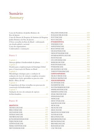 Sumário 
Summary 
Carta da Presidente do Jardim Botânico do 
Rio de Janeiro ..........................................................7 
Carta do Diretor de Pesquisas do Instituto de Pesquisas 
Jardim Botânico do Rio de Janeiro ............................8 
O livro vermelho da flora do Brasil – enfrentando 
um desafio global e nacional .....................................9 
Carta dos organizadores ..........................................11 
Colaboradores e instituições ....................................13 
Parte I 
Capítulo 1 
Ameaças globais à biodiversidade de plantas .............20 
Capítulo 2 
Desafios para a implementação da Estratégia Global 
para a Conservação de Plantas no Brasil...................26 
Capítulo 3 
Metodologia estratégica para a condução de 
avaliações de risco de extinção completas em países 
megadiversos: lições aprendidas na parceria entre 
Brasil e África do Sul ..............................................40 
Capítulo 4 
A importância de listas vermelhas nos processos de 
conservação da biodiversidade .................................53 
Capítulo 5 
Avaliações de risco de extinção de espécies 
da flora brasileira......................................................60 
Parte II 
BRIÓFITA 
ARNELLIACEAE ............................................... 198 
BRUCHIACEAE ................................................. 397 
DICRANACEAE ................................................ 477 
DITRICHACEAE ............................................... 485 
HEDWIGIACEAE ............................................... 566 
JUNGERMANNIACEAE ................................... 578 
LEJEUNEACEAE ................................................ 612 
LEPIDOZIACEAE .............................................. 616 
MARCHANTIACEAE ....................................... 671 
METZGERIACEAE ............................................ 702 
PALLAVICINIACEAE ......................................... 829 
PLAGIOCHILACEAE ......................................... 852 
POTTIACEAE .................................................... 898 
RICCIACEAE ..................................................... 921 
PTERIDÓFITA 
ANEMIACEAE ................................................... 142 
ASPLENIACEAE ................................................. 200 
BLECHNACEAE ................................................ 313 
DICKSONIACEAE ............................................. 475 
DRYOPTERIDACEAE ....................................... 487 
HYMENOPHYLLACEAE .................................. 569 
ISOETACEAE ..................................................... 577 
LYCOPODIACEAE ............................................ 623 
MARSILEACEAE ............................................... 672 
POLYPODIACEAE ............................................. 889 
PTERIDACEAE .................................................. 904 
SELAGINELLACEAE .......................................... 968 
THELYPTERIDACEAE ...................................... 988 
GIMNOSPERMA 
ARAUCARIACEAE ........................................... 185 
PODOCARPACEAE .......................................... 882 
ANGIOSPERMA 
ACANTHACEAE................................................ 106 
ALISMATACEAE ................................................ 115 
ALSTROEMERIACEAE ..................................... 116 
AMARANTHACEAE ......................................... 120 
AMARYLLIDACEAE .......................................... 126 
ANACARDIACEAE ........................................... 140 
ANNONACEAE ................................................. 144 
APIACEAE .......................................................... 151 
APOCYNACEAE................................................ 157 
AQUIFOLIACEAE .............................................. 175 
ARACEAE .......................................................... 177 
ARALIACEAE .................................................... 182 
ARECACEAE ..................................................... 187 
ARISTOLOCHIACEAE ..................................... 196 
ASTERACEAE .................................................... 203 
BEGONIACEAE ................................................. 287 
BERBERIDACEAE ............................................. 301 
BIGNONIACEAE ............................................... 303 
BROMELIACEAE ............................................... 315 
BURSERACEAE ................................................ 398 
CACTACEAE ...................................................... 402 
 