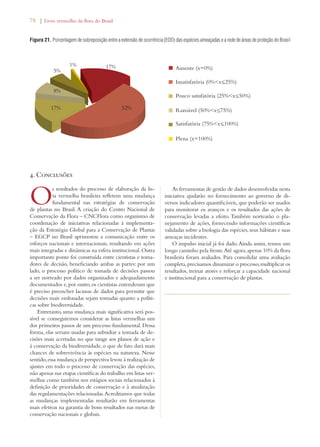78 | Livro vermelho da flora do Brasil 
Figura 21. Porcentagem de sobreposição entre a extensão de ocorrência (EOO) das espécies ameaçadas e a rede de áreas de proteção do Brasil 
5% 
8% 
4. Conclusões 
Os resultados do processo de elaboração da lis-ta 
vermelha brasileira refletem uma mudança 
fundamental nas estratégias de conservação 
de plantas no Brasil. A criação do Centro Nacional de 
Conservação da Flora – CNCFlora como organismo de 
coordenação de iniciativas relacionadas à implementa-ção 
da Estratégia Global para a Conservação de Plantas 
– EGCP no Brasil aprimorou a comunicação entre os 
esforços nacionais e internacionais, resultando em ações 
mais integradas e dinâmicas na esfera institucional. Outra 
importante ponte foi construída entre cientistas e toma-dores 
de decisão, beneficiando ambas as partes: por um 
lado, o processo político de tomada de decisões passou 
a ser norteado por dados organizados e adequadamente 
documentados e, por outro, os cientistas entenderam que 
é preciso preencher lacunas de dados para permitir que 
decisões mais embasadas sejam tomadas quanto a políti-cas 
sobre biodiversidade. 
Entretanto, uma mudança mais significativa será pos-sível 
se conseguirmos considerar as listas vermelhas um 
dos primeiros passos de um processo fundamental. Dessa 
forma, elas seriam usadas para subsidiar a tomada de de-cisões 
mais acertadas no que tange aos planos de ação e 
à conservação da biodiversidade, o que de fato dará mais 
chances de sobrevivência às espécies na natureza. Nesse 
sentido, essa mudança de perspectiva levou à realização de 
ajustes em todo o processo de conservação das espécies, 
não apenas nas etapas científicas do trabalho em listas ver-melhas 
como também nos estágios sociais relacionados à 
definição de prioridades de conservação e à atualização 
das regulamentações relacionadas. Acreditamos que todas 
as mudanças implementadas resultarão em ferramentas 
mais efetivas na garantia de bons resultados nas metas de 
conservação nacionais e globais. 
Ausente (x=0%) 
Insatisfatória (0%x25%) 
Pouco satisfatória (25%x50%) 
Razoável (50%x75%) 
Satisfatória (75%x100%) 
Plena (x=100%) 
− 
− 
− 
− 
As ferramentas de gestão de dados desenvolvidas nesta 
iniciativa ajudarão no fornecimento ao governo de di-versos 
indicadores quantificáveis, que poderão ser usados 
para monitorar os avanços e os resultados das ações de 
conservação levadas a efeito. Também nortearão o pla-nejamento 
de ações, fornecendo informações científicas 
validadas sobre a biologia das espécies, seus hábitats e suas 
ameaças incidentes. 
O impulso inicial já foi dado. Ainda assim, temos um 
longo caminho pela frente. Até agora, apenas 10% da flora 
brasileira foram avaliados. Para consolidar uma avaliação 
completa, precisamos dinamizar o processo, multiplicar os 
resultados, treinar atores e reforçar a capacidade nacional 
e institucional para a conservação de plantas. 
17% 
1% 17% 
52% 
 