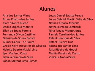 Alunos
Ana dos Santos Viana
Bruna Pilatos dos Santos
Clara Silveira Bueno
Danilo Efigenio Moreira
Ellen de Souza Pereira
Fernanda Olivon Castilho
Gabriela de Souza Batista
Gilmar Gabriel de Souza
Greice Kelly Triqueiros de Oliveira
Heloisa Duarte Maciel Lino
Igor Mariano Costa
Isabela Olimpio da Silva
Lohan Mateus Lima Ramos
Lucas Daniel Batista Ferraz
Lucas Gabriel Martin Tellis da Silva
Natan Cardoso Azevedo
Nathalia Prado Lombardi
Nina Tanaka Vidoto Jorge
Pamela Caroline dos Santos
Rafael Henrique da Silva
Rafael Oliveira Luiz
Raissa dos Santos Lima
Talia Ribeiro de Godoi
Thalita Pereira de Castro
Vinicius Amaral Silva
 