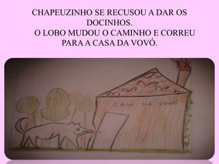 CHAPEUZINHO SE RECUSOU A DAR OS
DOCINHOS.
O LOBO MUDOU O CAMINHO E CORREU
PARA A CASA DA VOVÓ.