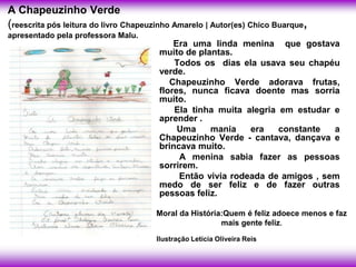 A Chapeuzinho Verde
(reescrita pós leitura do livro Chapeuzinho Amarelo | Autor(es) Chico Buarque,
apresentado pela professora Malu.
                                           Era uma linda menina que gostava
                                       muito de plantas.
                                           Todos os dias ela usava seu chapéu
                                       verde.
                                          Chapeuzinho Verde adorava frutas,
                                       flores, nunca ficava doente mas sorria
                                       muito.
                                           Ela tinha muita alegria em estudar e
                                       aprender .
                                            Uma    mania    era    constante  a
                                       Chapeuzinho Verde - cantava, dançava e
                                       brincava muito.
                                            A menina sabia fazer as pessoas
                                       sorrirem.
                                            Então vivia rodeada de amigos , sem
                                       medo de ser feliz e de fazer outras
                                       pessoas feliz.

                                      Moral da História:Quem é feliz adoece menos e faz
                                                       mais gente feliz.

                                      Ilustração Letícia Oliveira Reis
 