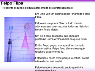 Felpo Filpa
(Reescrita segundo a leitura apresentada pela professora Malu)

                            Era uma vez um coelho poeta chamado Felpo
                            Filpa.

                            Felpo era um poeta ótimo e todo mundo
                            adorava seus poemas, mas todas as historias
                            tinham finais tristes.

                            Um dia Felpo descobriu que tinha um
                            problema - uma orelha maior do que a outra.

                            Então Felpo pegou um aparelho chamado
                            estica- orelha. Felpo ficou tão ansioso que
                            resolveu experimentá-lo.

                            Felpo ficou muito triste porque o estica- orelha
                            não esticou sua orelha.

                            Felpo também descobriu então que tinha
 