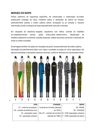 MISSÃO DO BOPE
Polícia ostensiva de segurança específica, de preservação e restauração da ordem
pública pelo emprego da força, mediante ações e operações de polícia de choque,
particularmente quando a ordem pública estiver ameaçada ou já rompida e requeira
intervenção pronta e enérgica da tropa especialmente instruída e treinada;
Em situações de distúrbios, resgates, sequestros com reféns, controle de rebeliões
em estabelecimentos penais, ações antitumultos, antiterrorismo, desativação de
artefatos explosivos e similares, escoltas especiais, defesa de pontos sensíveis e retomada de
locais ou áreas ocupadas;
Encarregado também de ações em situações de grave comprometimento da ordem pública;
Operações de patrulhamento tático com vistas a combater as ações do crime organizado e de
alta periculosidade e operações especiais diversas, conforme diretrizes do Comandante-Geral.

COE
01 - uniforme de passeio,
02 - controle de distúrbios civis,
03 - operações rurais,
04 - operações urbanas;
CHOQUE:
05 - controle de tumultos (década
de 1970),
06 e 07 - controle de tumultos
(década de 1980);
BOPE:
08 - RONE,
09 - CHOQUE,
10 - COE (operações urbanas),
11 - COE (operações de selva).
 