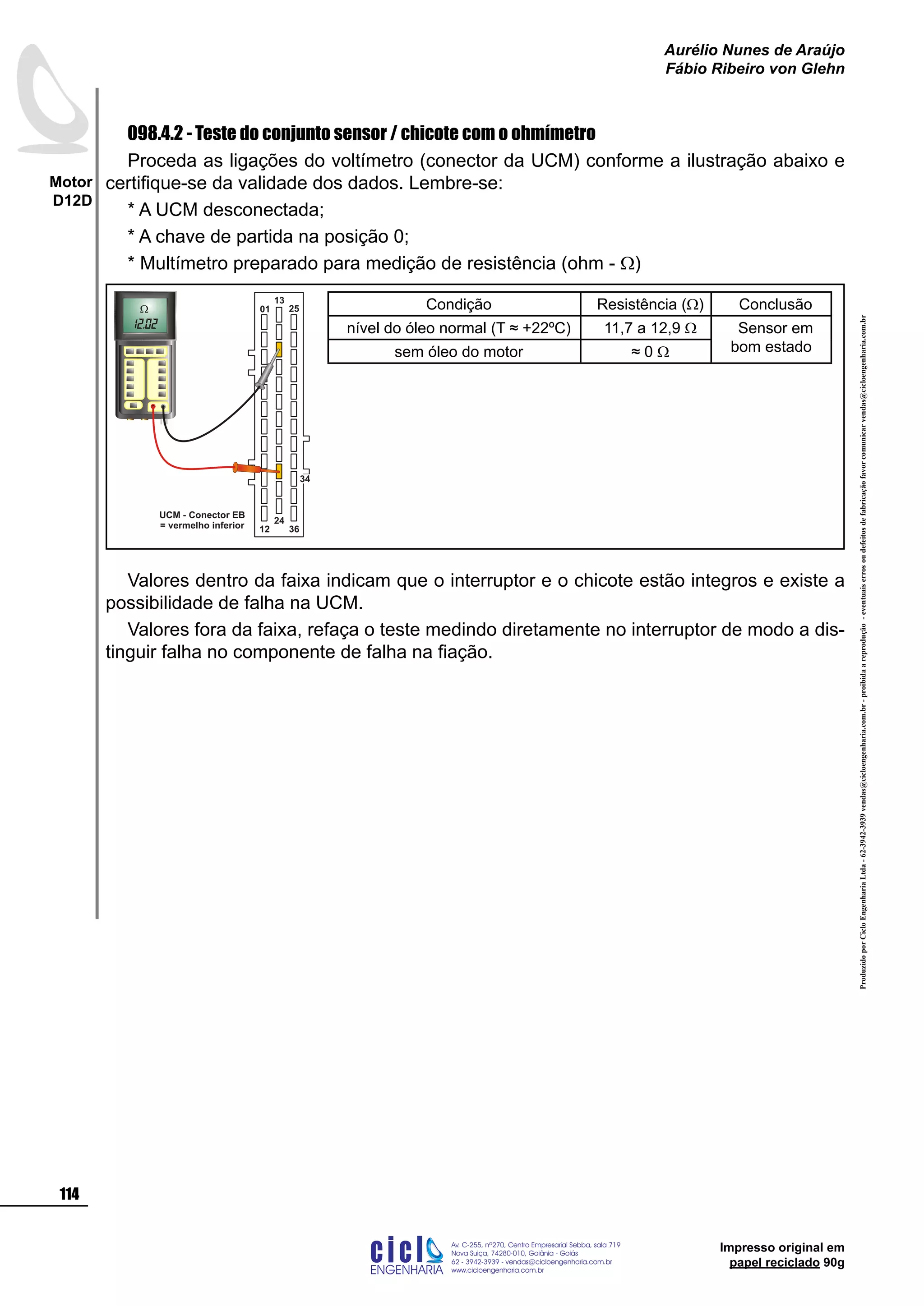 ProduzidoporCicloEngenhariaLtda-62-3942-3939vendas@cicloengenharia.com.br-proibidaareprodução-eventuaiserrosoudefeitosdefabricaçãofavorcomunicarvendas@cicloengenharia.com.br
ENGENHARIA
C I C I
I
Av. C-255, nº270, sala 719
Nova Suiça, 74280-010, Goiânia - Goiás
62 - 3942-3939 - vendas@cicloengenharia.com.br
www.cicloengenharia.com.br
Centro Empresarial Sebba,
114
Motor
D12D
Aurélio Nunes de Araújo
Fábio Ribeiro von Glehn
Impresso original em
papel reciclado 90g
098.4.2 - Teste do conjunto sensor / chicote com o ohmímetro
Proceda as ligações do voltímetro (conector da UCM) conforme a ilustração abaixo e
certifique-se da validade dos dados. Lembre-se:
* A UCM desconectada;
* A chave de partida na posição 0;
* Multímetro preparado para medição de resistência (ohm - W)
Valores dentro da faixa indicam que o interruptor e o chicote estão integros e existe a
possibilidade de falha na UCM.
Valores fora da faixa, refaça o teste medindo diretamente no interruptor de modo a dis-
tinguir falha no componente de falha na fiação.
Condição Resistência (W) Conclusão
nível do óleo normal (T ≈ +22ºC) 11,7 a 12,9 W Sensor em
bom estadosem óleo do motor ≈ 0 W
UCM - Conector EB
= vermelho inferior 12
13
25
24
36
01
34
 