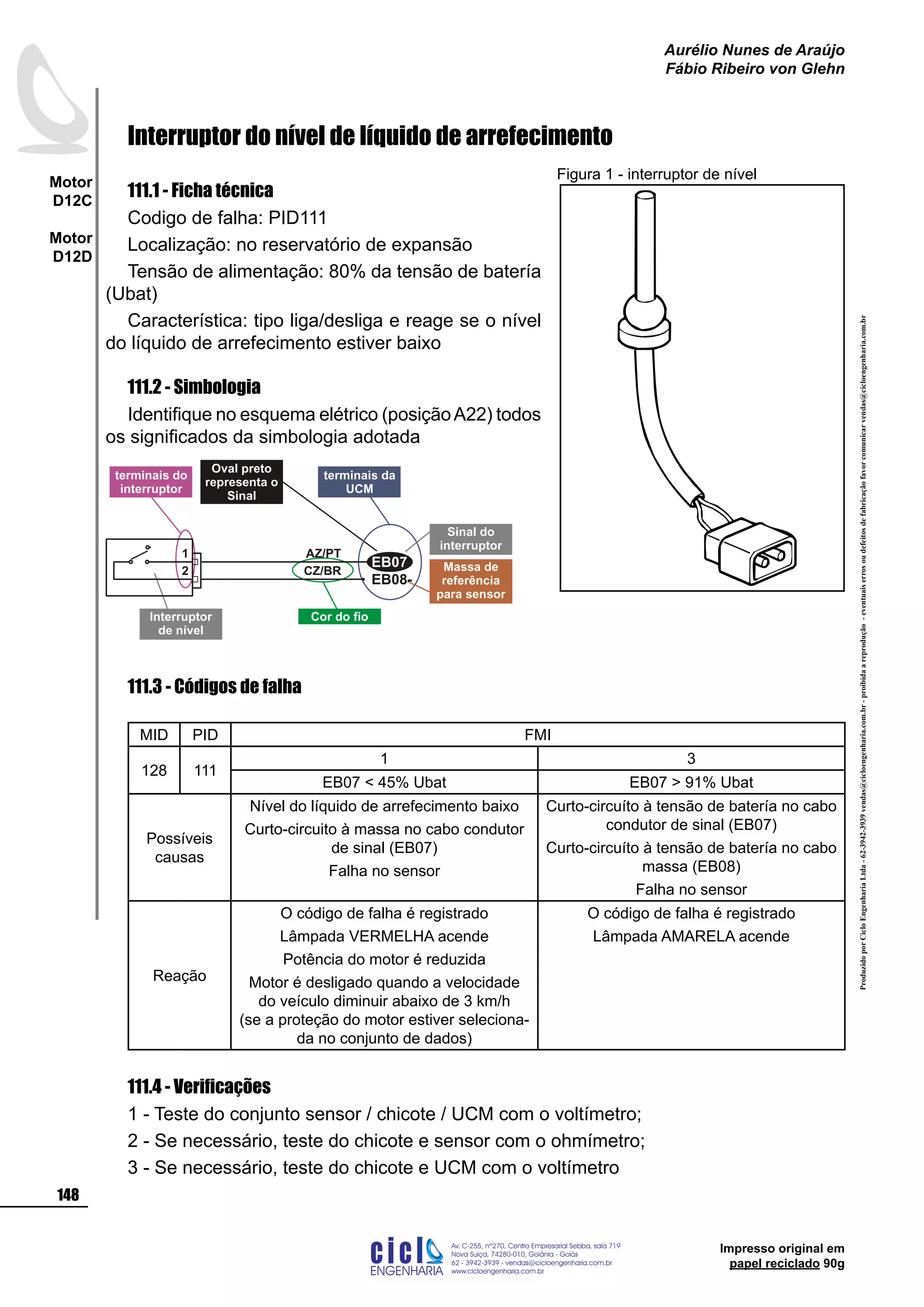 ProduzidoporCicloEngenhariaLtda-62-3942-3939vendas@cicloengenharia.com.br-proibidaareprodução-eventuaiserrosoudefeitosdefabricaçãofavorcomunicarvendas@cicloengenharia.com.br
ENGENHARIA
C I C I
I
Av. C-255, nº270, sala 719
Nova Suiça, 74280-010, Goiânia - Goiás
62 - 3942-3939 - vendas@cicloengenharia.com.br
www.cicloengenharia.com.br
Centro Empresarial Sebba,
148
Motor
D12C
Motor
D12D
Aurélio Nunes de Araújo
Fábio Ribeiro von Glehn
Impresso original em
papel reciclado 90g
Interruptor do nível de líquido de arrefecimento
111.1 - Ficha técnica
Codigo de falha: PID111
Localização: no reservatório de expansão
Tensão de alimentação: 80% da tensão de batería
(Ubat)
Característica: tipo liga/desliga e reage se o nível
do líquido de arrefecimento estiver baixo
111.2 - Simbologia
Identifique no esquema elétrico (posiçãoA22) todos
os significados da simbologia adotada
111.3 - Códigos de falha
MID PID FMI
128 111
1 3
EB07  45% Ubat EB07  91% Ubat
Possíveis
causas
Nível do líquido de arrefecimento baixo
Curto-circuito à massa no cabo condutor
de sinal (EB07)
Falha no sensor
Curto-circuíto à tensão de batería no cabo
condutor de sinal (EB07)
Curto-circuíto à tensão de batería no cabo
massa (EB08)
Falha no sensor
Reação
O código de falha é registrado
Lâmpada VERMELHA acende
Potência do motor é reduzida
Motor é desligado quando a velocidade
do veículo diminuir abaixo de 3 km/h
(se a proteção do motor estiver seleciona-
da no conjunto de dados)
O código de falha é registrado
Lâmpada AMARELA acende
111.4 - Verificações
1 - Teste do conjunto sensor / chicote / UCM com o voltímetro;
2 - Se necessário, teste do chicote e sensor com o ohmímetro;
3 - Se necessário, teste do chicote e UCM com o voltímetro
Figura 1 - interruptor de nível
Interruptor
de nível
Cor do fio
Oval preto
representa o
Sinal
terminais da
UCM
terminais do
interruptor
Sinal do
interruptor
Massa de
referência
para sensor
EB08-
AZ/PT
CZ/BR2
1
EB07
 