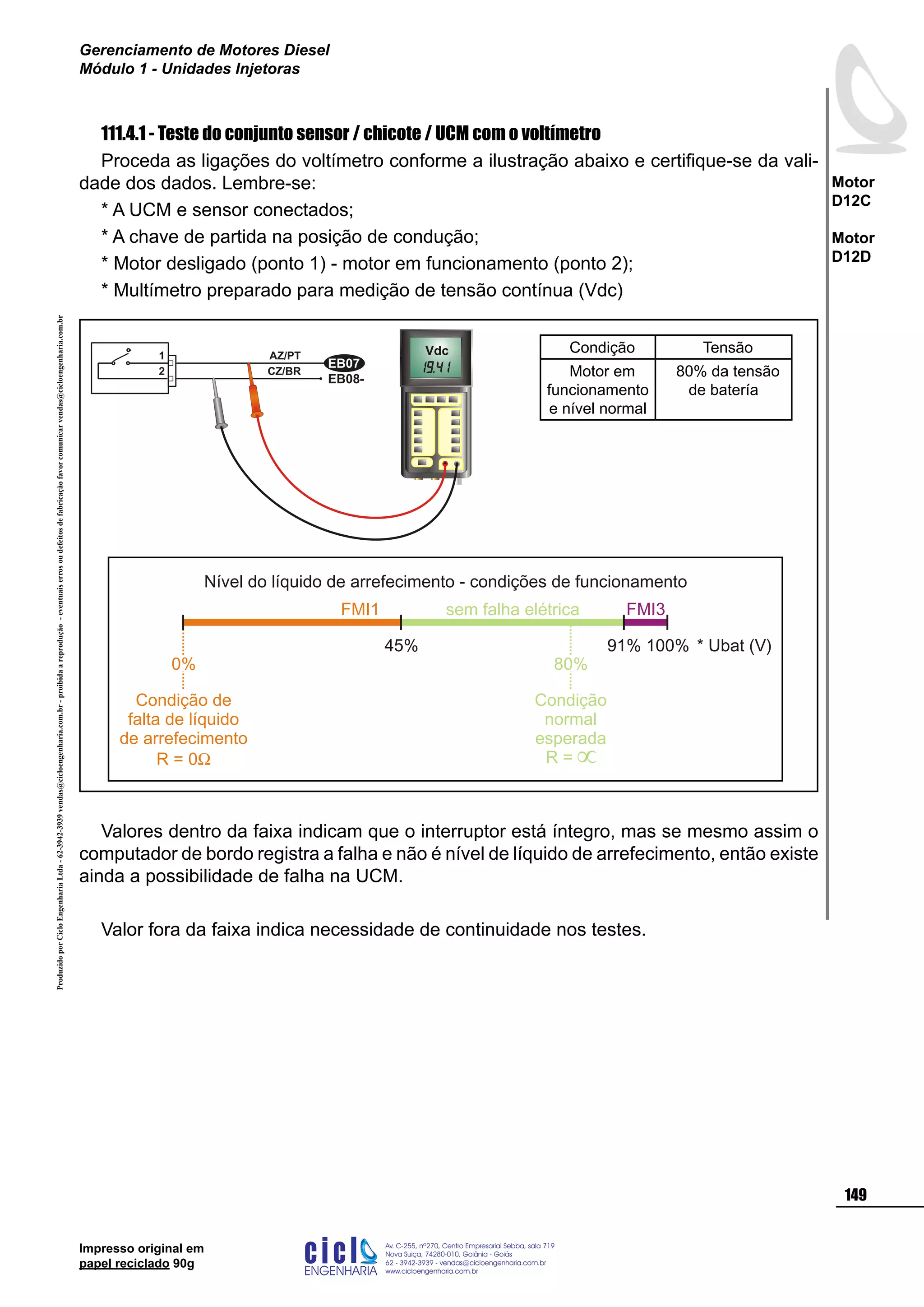 ProduzidoporCicloEngenhariaLtda-62-3942-3939vendas@cicloengenharia.com.br-proibidaareprodução-eventuaiserrosoudefeitosdefabricaçãofavorcomunicarvendas@cicloengenharia.com.br
ENGENHARIA
C I C I
I
Av. C-255, nº270, sala 719
Nova Suiça, 74280-010, Goiânia - Goiás
62 - 3942-3939 - vendas@cicloengenharia.com.br
www.cicloengenharia.com.br
Centro Empresarial Sebba,
149
Motor
D12C
Motor
D12D
Gerenciamento de Motores Diesel
Módulo 1 - Unidades Injetoras
Impresso original em
papel reciclado 90g
111.4.1 - Teste do conjunto sensor / chicote / UCM com o voltímetro
Proceda as ligações do voltímetro conforme a ilustração abaixo e certifique-se da vali-
dade dos dados. Lembre-se:
* A UCM e sensor conectados;
* A chave de partida na posição de condução;
* Motor desligado (ponto 1) - motor em funcionamento (ponto 2);
* Multímetro preparado para medição de tensão contínua (Vdc)
Valores dentro da faixa indicam que o interruptor está íntegro, mas se mesmo assim o
computador de bordo registra a falha e não é nível de líquido de arrefecimento, então existe
ainda a possibilidade de falha na UCM.
Valor fora da faixa indica necessidade de continuidade nos testes.
45% 91% 100%
FMI1 FMI3sem falha elétrica
Condição
normal
esperada
R =
80%
Condição de
falta de líquido
de arrefecimento
R = 0W
0%
* Ubat (V)
Nível do líquido de arrefecimento - condições de funcionamento
EB08-
AZ/PT
CZ/BR2
1
EB07
Vdc Condição Tensão
Motor em
funcionamento
e nível normal
80% da tensão
de batería
 