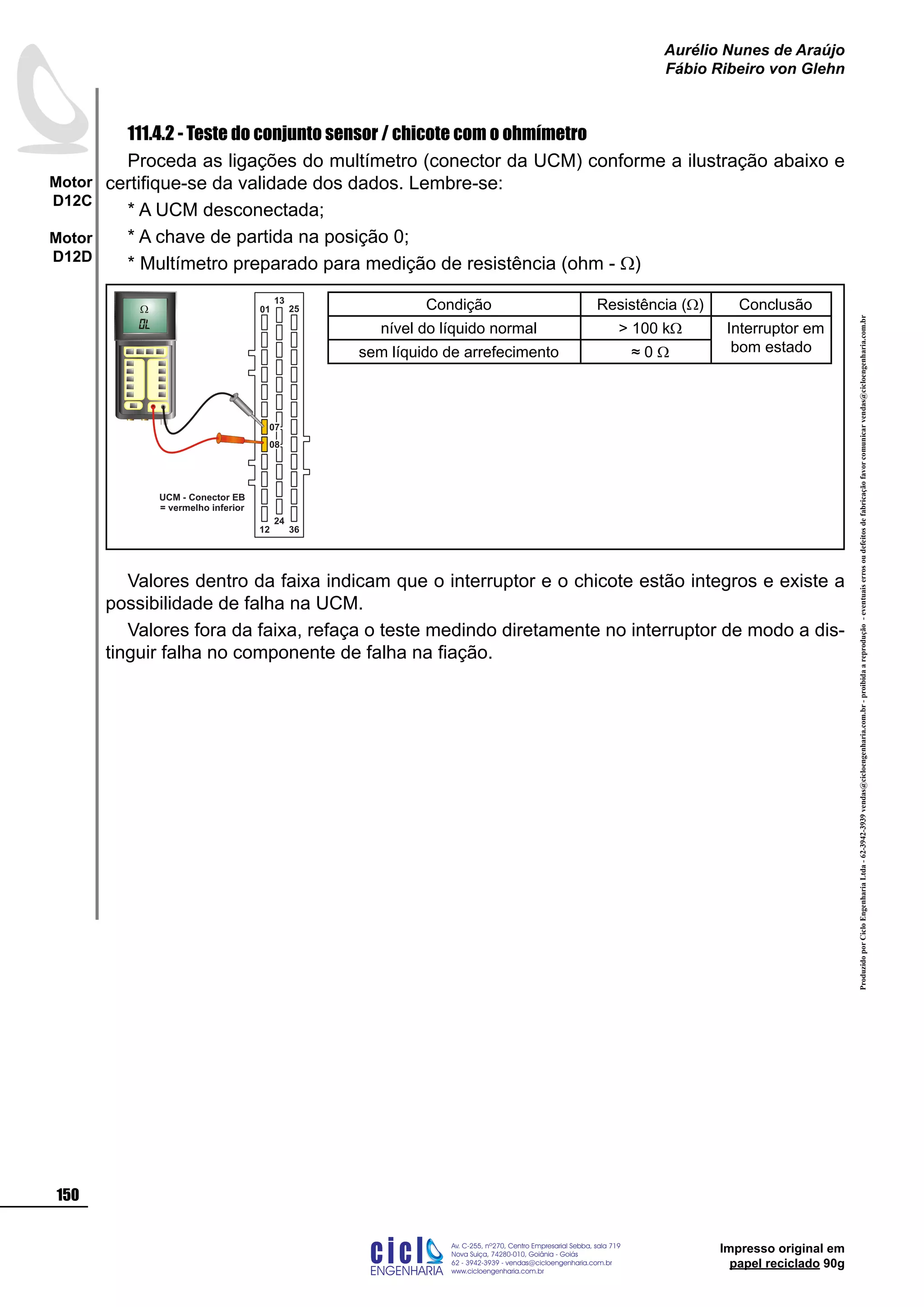 ProduzidoporCicloEngenhariaLtda-62-3942-3939vendas@cicloengenharia.com.br-proibidaareprodução-eventuaiserrosoudefeitosdefabricaçãofavorcomunicarvendas@cicloengenharia.com.br
ENGENHARIA
C I C I
I
Av. C-255, nº270, sala 719
Nova Suiça, 74280-010, Goiânia - Goiás
62 - 3942-3939 - vendas@cicloengenharia.com.br
www.cicloengenharia.com.br
Centro Empresarial Sebba,
150
Motor
D12C
Motor
D12D
Aurélio Nunes de Araújo
Fábio Ribeiro von Glehn
Impresso original em
papel reciclado 90g
111.4.2 - Teste do conjunto sensor / chicote com o ohmímetro
Proceda as ligações do multímetro (conector da UCM) conforme a ilustração abaixo e
certifique-se da validade dos dados. Lembre-se:
* A UCM desconectada;
* A chave de partida na posição 0;
* Multímetro preparado para medição de resistência (ohm - W)
Valores dentro da faixa indicam que o interruptor e o chicote estão integros e existe a
possibilidade de falha na UCM.
Valores fora da faixa, refaça o teste medindo diretamente no interruptor de modo a dis-
tinguir falha no componente de falha na fiação.
Condição Resistência (W) Conclusão
nível do líquido normal  100 kW Interruptor em
bom estadosem líquido de arrefecimento ≈ 0 W
UCM - Conector EB
= vermelho inferior
12
13
25
24
36
01
07
08
 