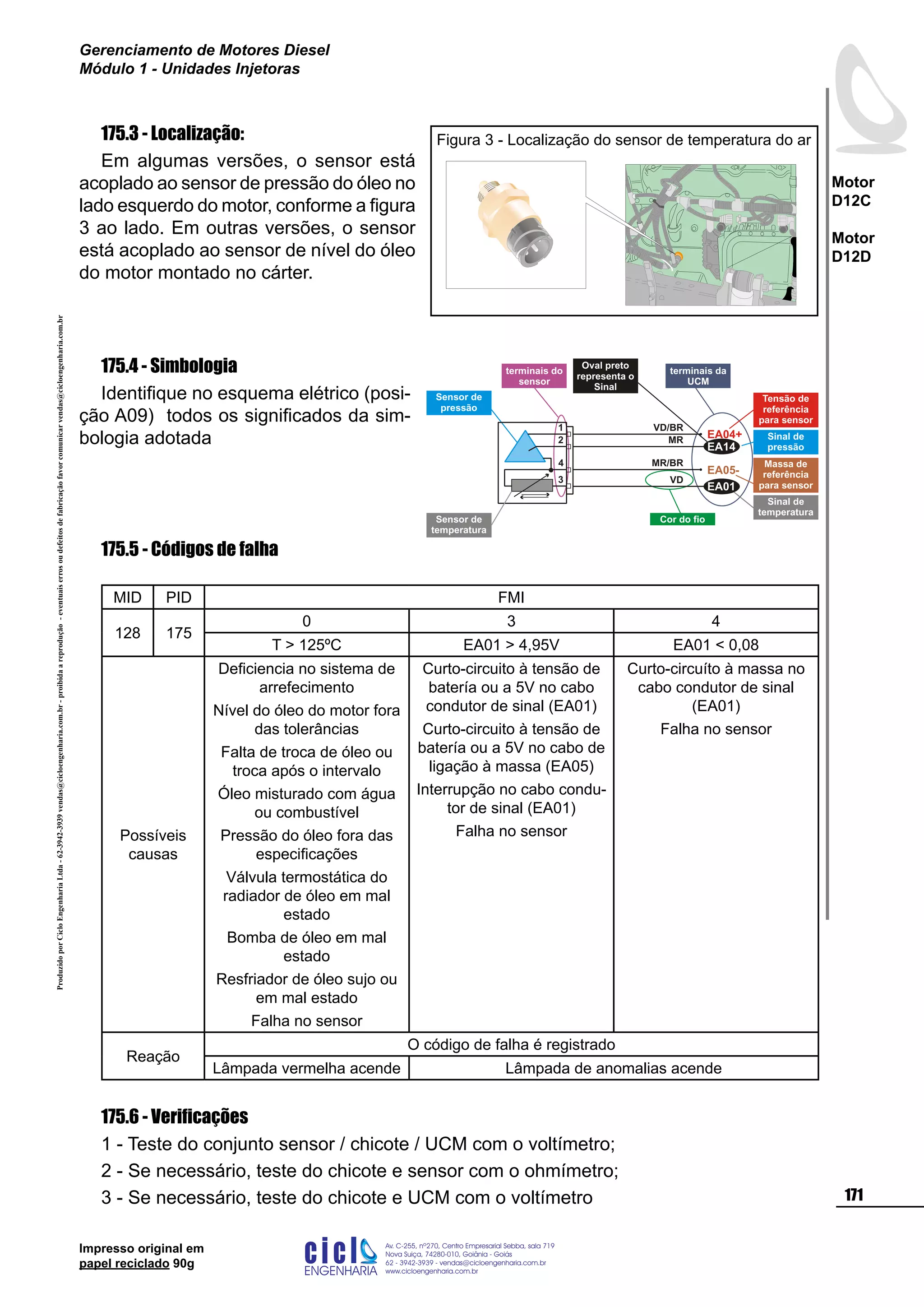 ProduzidoporCicloEngenhariaLtda-62-3942-3939vendas@cicloengenharia.com.br-proibidaareprodução-eventuaiserrosoudefeitosdefabricaçãofavorcomunicarvendas@cicloengenharia.com.br
ENGENHARIA
C I C I
I
Av. C-255, nº270, sala 719
Nova Suiça, 74280-010, Goiânia - Goiás
62 - 3942-3939 - vendas@cicloengenharia.com.br
www.cicloengenharia.com.br
Centro Empresarial Sebba,
171
Motor
D12C
Motor
D12D
Gerenciamento de Motores Diesel
Módulo 1 - Unidades Injetoras
Impresso original em
papel reciclado 90g
175.3 - Localização:
Em algumas versões, o sensor está
acoplado ao sensor de pressão do óleo no
lado esquerdo do motor, conforme a figura
3 ao lado. Em outras versões, o sensor
está acoplado ao sensor de nível do óleo
do motor montado no cárter.
175.4 - Simbologia
Identifique no esquema elétrico (posi-
ção A09) todos os significados da sim-
bologia adotada
175.5 - Códigos de falha
MID PID FMI
128 175
0 3 4
T  125ºC EA01  4,95V EA01  0,08
Possíveis
causas
Deficiencia no sistema de
arrefecimento
Nível do óleo do motor fora
das tolerâncias
Falta de troca de óleo ou
troca após o intervalo
Óleo misturado com água
ou combustível
Pressão do óleo fora das
especificações
Válvula termostática do
radiador de óleo em mal
estado
Bomba de óleo em mal
estado
Resfriador de óleo sujo ou
em mal estado
Falha no sensor
Curto-circuito à tensão de
batería ou a 5V no cabo
condutor de sinal (EA01)
Curto-circuito à tensão de
batería ou a 5V no cabo de
ligação à massa (EA05)
Interrupção no cabo condu-
tor de sinal (EA01)
Falha no sensor
Curto-circuíto à massa no
cabo condutor de sinal
(EA01)
Falha no sensor
Reação
O código de falha é registrado
Lâmpada vermelha acende Lâmpada de anomalias acende
175.6 - Verificações
1 - Teste do conjunto sensor / chicote / UCM com o voltímetro;
2 - Se necessário, teste do chicote e sensor com o ohmímetro;
3 - Se necessário, teste do chicote e UCM com o voltímetro
Figura 3 - Localização do sensor de temperatura do ar
Sensor de
temperatura
Cor do fio
Oval preto
representa o
Sinal
terminais da
UCM
terminais do
sensor
1
3
4
EA04+
EA05-
2
Sensor de
pressão
Tensão de
referência
para sensor
Massa de
referência
para sensor
Sinal de
pressão
Sinal de
temperatura
EA14
EA01
VD/BR
MR/BR
MR
VD
 