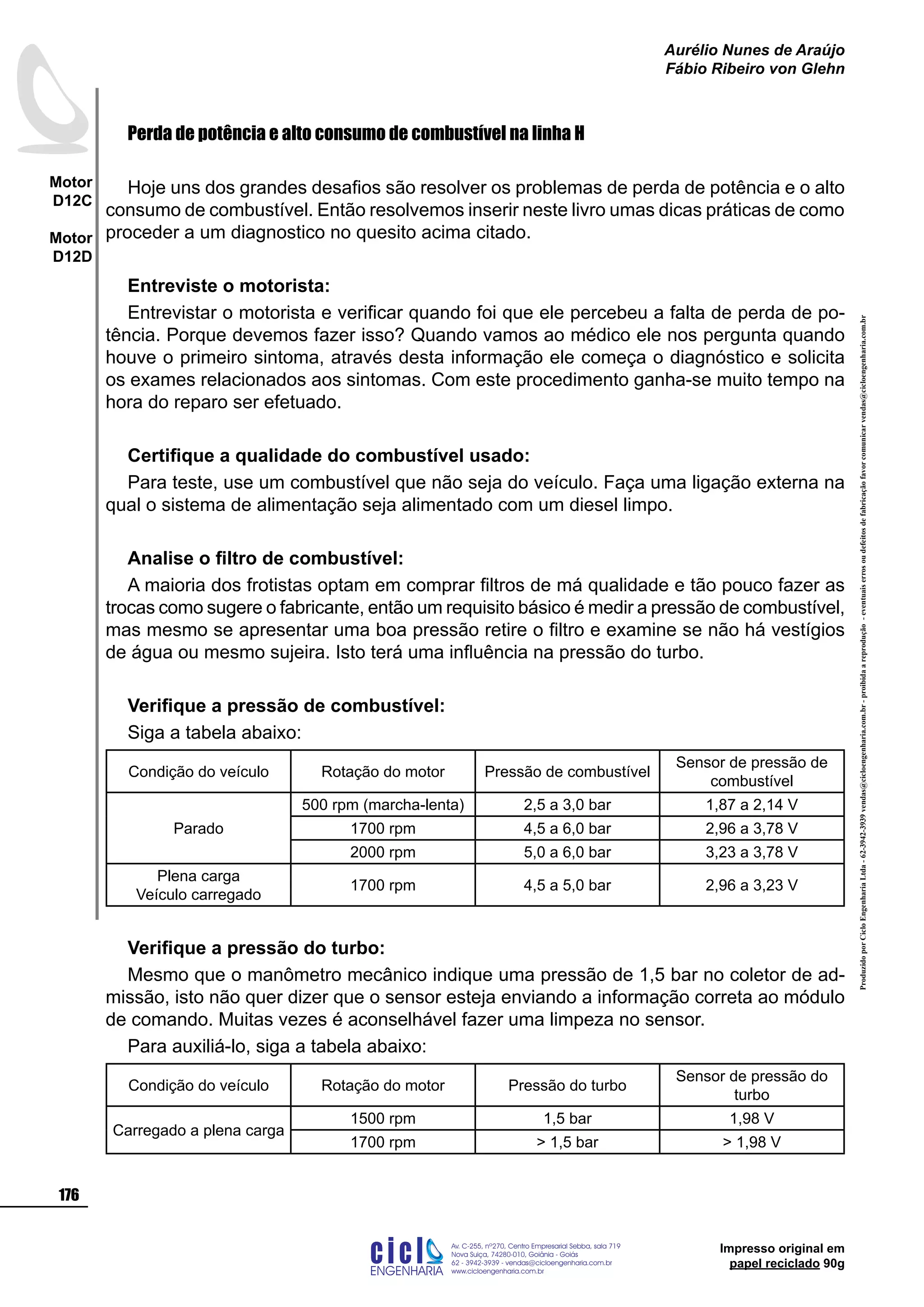 ProduzidoporCicloEngenhariaLtda-62-3942-3939vendas@cicloengenharia.com.br-proibidaareprodução-eventuaiserrosoudefeitosdefabricaçãofavorcomunicarvendas@cicloengenharia.com.br
ENGENHARIA
C I C I
I
Av. C-255, nº270, sala 719
Nova Suiça, 74280-010, Goiânia - Goiás
62 - 3942-3939 - vendas@cicloengenharia.com.br
www.cicloengenharia.com.br
Centro Empresarial Sebba,
176
Motor
D12C
Motor
D12D
Aurélio Nunes de Araújo
Fábio Ribeiro von Glehn
Impresso original em
papel reciclado 90g
Perda de potência e alto consumo de combustível na linha H
Hoje uns dos grandes desafios são resolver os problemas de perda de potência e o alto
consumo de combustível. Então resolvemos inserir neste livro umas dicas práticas de como
proceder a um diagnostico no quesito acima citado.
Entreviste o motorista:
Entrevistar o motorista e verificar quando foi que ele percebeu a falta de perda de po-
tência. Porque devemos fazer isso? Quando vamos ao médico ele nos pergunta quando
houve o primeiro sintoma, através desta informação ele começa o diagnóstico e solicita
os exames relacionados aos sintomas. Com este procedimento ganha-se muito tempo na
hora do reparo ser efetuado.
Certifique a qualidade do combustível usado:
Para teste, use um combustível que não seja do veículo. Faça uma ligação externa na
qual o sistema de alimentação seja alimentado com um diesel limpo.
Analise o filtro de combustível:
A maioria dos frotistas optam em comprar filtros de má qualidade e tão pouco fazer as
trocas como sugere o fabricante, então um requisito básico é medir a pressão de combustível,
mas mesmo se apresentar uma boa pressão retire o filtro e examine se não há vestígios
de água ou mesmo sujeira. Isto terá uma influência na pressão do turbo.
Verifique a pressão de combustível:
Siga a tabela abaixo:
Condição do veículo Rotação do motor Pressão de combustível
Sensor de pressão de
combustível
Parado
500 rpm (marcha-lenta) 2,5 a 3,0 bar 1,87 a 2,14 V
1700 rpm 4,5 a 6,0 bar 2,96 a 3,78 V
2000 rpm 5,0 a 6,0 bar 3,23 a 3,78 V
Plena carga
Veículo carregado
1700 rpm 4,5 a 5,0 bar 2,96 a 3,23 V
Verifique a pressão do turbo:
Mesmo que o manômetro mecânico indique uma pressão de 1,5 bar no coletor de ad-
missão, isto não quer dizer que o sensor esteja enviando a informação correta ao módulo
de comando. Muitas vezes é aconselhável fazer uma limpeza no sensor.
Para auxiliá-lo, siga a tabela abaixo:
Condição do veículo Rotação do motor Pressão do turbo
Sensor de pressão do
turbo
Carregado a plena carga
1500 rpm 1,5 bar 1,98 V
1700 rpm  1,5 bar  1,98 V
 