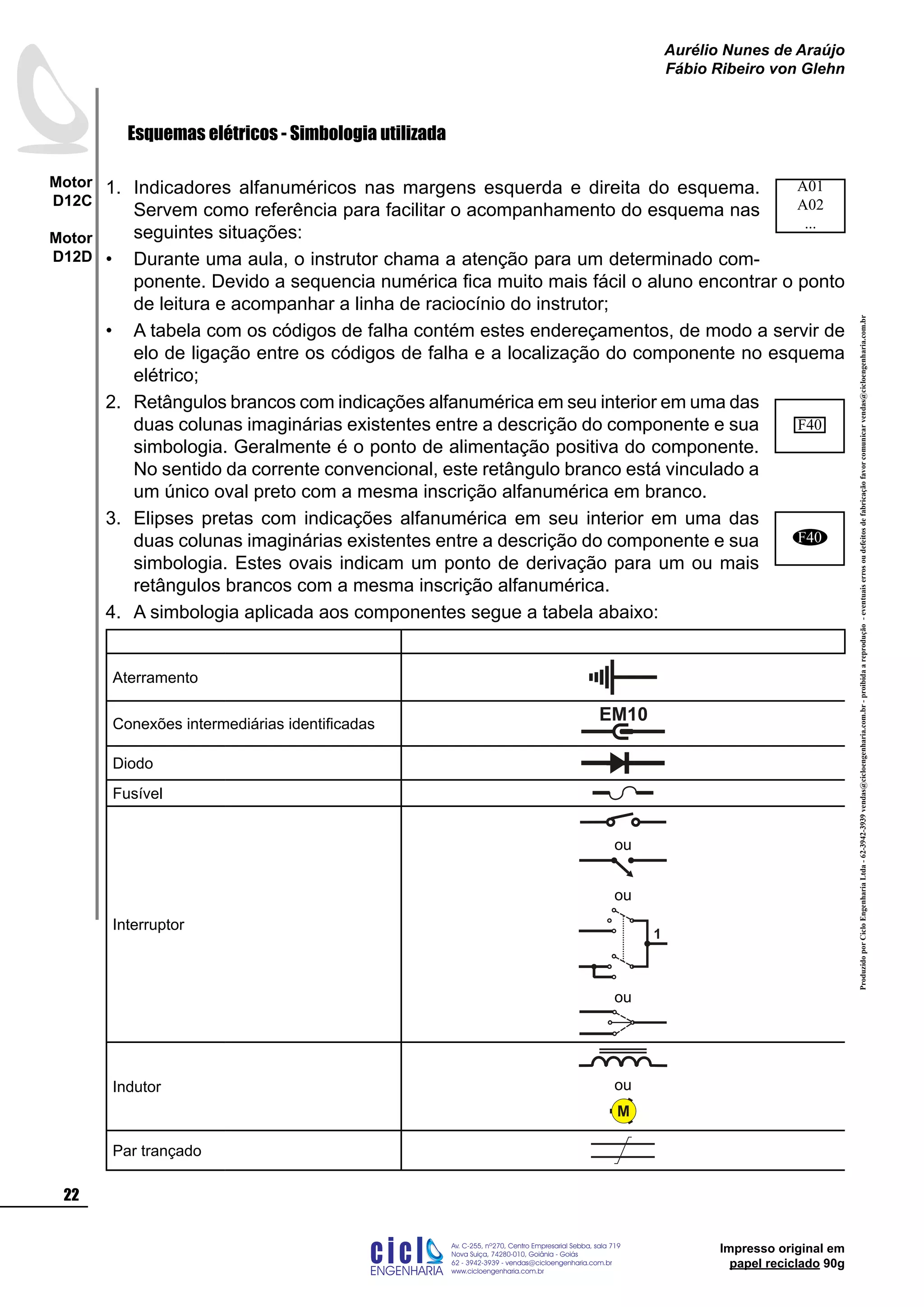 Impresso original em
papel reciclado 90g
Esquemas elétricos - Simbologia utilizada
Indicadores alfanuméricos nas margens esquerda e direita do esquema.
Servem como referência para facilitar o acompanhamento do esquema nas
seguintes situações:
Durante uma aula, o instrutor chama a atenção para um determinado com-
ponente. Devido a sequencia numérica fica muito mais fácil o aluno encontrar o ponto
de leitura e acompanhar a linha de raciocínio do instrutor;
A tabela com os códigos de falha contém estes endereçamentos, de modo a servir de
elo de ligação entre os códigos de falha e a localização do componente no esquema
elétrico;
Retângulos brancos com indicações alfanumérica em seu interior em uma das
duas colunas imaginárias existentes entre a descrição do componente e sua
simbologia. Geralmente é o ponto de alimentação positiva do componente.
No sentido da corrente convencional, este retângulo branco está vinculado a
um único oval preto com a mesma inscrição alfanumérica em branco.
Elipses pretas com indicações alfanumérica em seu interior em uma das
duas colunas imaginárias existentes entre a descrição do componente e sua
simbologia. Estes ovais indicam um ponto de derivação para um ou mais
retângulos brancos com a mesma inscrição alfanumérica.
A simbologia aplicada aos componentes segue a tabela abaixo:
Aterramento
Conexões intermediárias identificadas
EM10
Diodo
Fusível
Interruptor
ou
ou
1
ou
Indutor ou
M
Par trançado
1.
•
•
2.
3.
4.
A01
A02
...
F40
F40
ProduzidoporCicloEngenhariaLtda-62-3942-3939vendas@cicloengenharia.com.br-proibidaareprodução-eventuaiserrosoudefeitosdefabricaçãofavorcomunicarvendas@cicloengenharia.com.br
ENGENHARIA
C I C I
I
Av. C-255, nº270, sala 719
Nova Suiça, 74280-010, Goiânia - Goiás
62 - 3942-3939 - vendas@cicloengenharia.com.br
www.cicloengenharia.com.br
Centro Empresarial Sebba,
22
Motor
D12C
Motor
D12D
Aurélio Nunes de Araújo
Fábio Ribeiro von Glehn
 