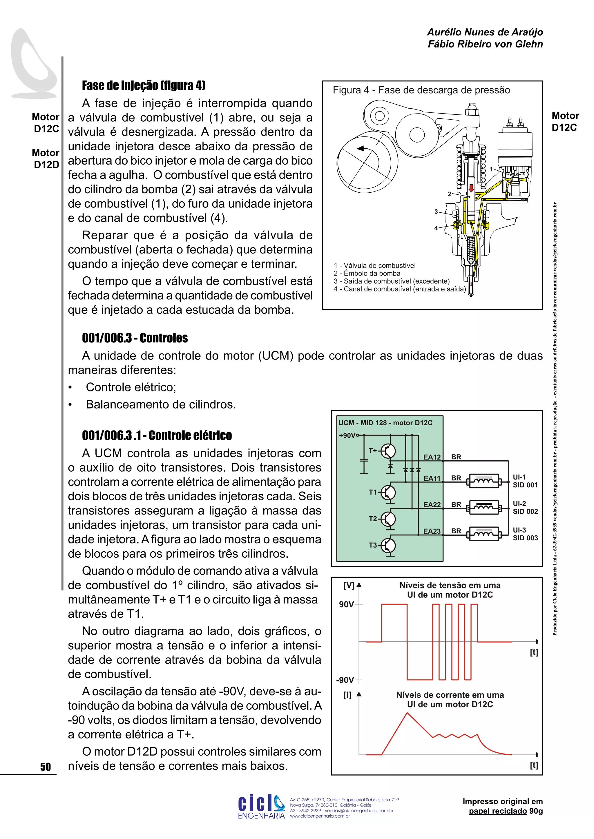 ProduzidoporCicloEngenhariaLtda-62-3942-3939vendas@cicloengenharia.com.br-proibidaareprodução-eventuaiserrosoudefeitosdefabricaçãofavorcomunicarvendas@cicloengenharia.com.br
ENGENHARIA
C I C I
I
Av. C-255, nº270, sala 719
Nova Suiça, 74280-010, Goiânia - Goiás
62 - 3942-3939 - vendas@cicloengenharia.com.br
www.cicloengenharia.com.br
Centro Empresarial Sebba,
50
Motor
D12C
Motor
D12D
Aurélio Nunes de Araújo
Fábio Ribeiro von Glehn
Impresso original em
papel reciclado 90g
Motor
D12C
Fase de injeção (figura 4)
A fase de injeção é interrompida quando
a válvula de combustível (1) abre, ou seja a
válvula é desnergizada. A pressão dentro da
unidade injetora desce abaixo da pressão de
abertura do bico injetor e mola de carga do bico
fecha a agulha. O combustível que está dentro
do cilindro da bomba (2) sai através da válvula
de combustível (1), do furo da unidade injetora
e do canal de combustível (4).
Reparar que é a posição da válvula de
combustível (aberta o fechada) que determina
quando a injeção deve começar e terminar.
O tempo que a válvula de combustível está
fechada determina a quantidade de combustível
que é injetado a cada estucada da bomba.
001/006.3 - Controles
A unidade de controle do motor (UCM) pode controlar as unidades injetoras de duas
maneiras diferentes:
Controle elétrico;
Balanceamento de cilindros.
001/006.3 .1 - Controle elétrico
A UCM controla as unidades injetoras com
o auxílio de oito transistores. Dois transistores
controlam a corrente elétrica de alimentação para
dois blocos de três unidades injetoras cada. Seis
transistores asseguram a ligação à massa das
unidades injetoras, um transistor para cada uni-
dade injetora. A figura ao lado mostra o esquema
de blocos para os primeiros três cilindros.
Quando o módulo de comando ativa a válvula
de combustível do 1º cilindro, são ativados si-
multâneamente T+ e T1 e o circuito liga à massa
através de T1.
No outro diagrama ao lado, dois gráficos, o
superior mostra a tensão e o inferior a intensi-
dade de corrente através da bobina da válvula
de combustível.
A oscilação da tensão até -90V, deve-se à au-
toindução da bobina da válvula de combustível.A
-90 volts, os diodos limitam a tensão, devolvendo
a corrente elétrica a T+.
O motor D12D possui controles similares com
níveis de tensão e correntes mais baixos.
•
•
Figura 4 - Fase de descarga de pressão
1 - Válvula de combustível
2 - Êmbolo da bomba
3 - Saída de combustível (excedente)
4 - Canal de combustível (entrada e saída)
EA11
UI-2
SID 002
UI-1
SID 001
UI-3
SID 003
EA12 BR
BR
EA22
EA23 BR
BR
+90V
T+
T1
T2
T3
UCM - MID 128 - motor D12C
Níveis de tensão em uma
UI de um motor D12C
[V]
[t]
[I]
[t]
-90V
90V
Níveis de corrente em uma
UI de um motor D12C
 