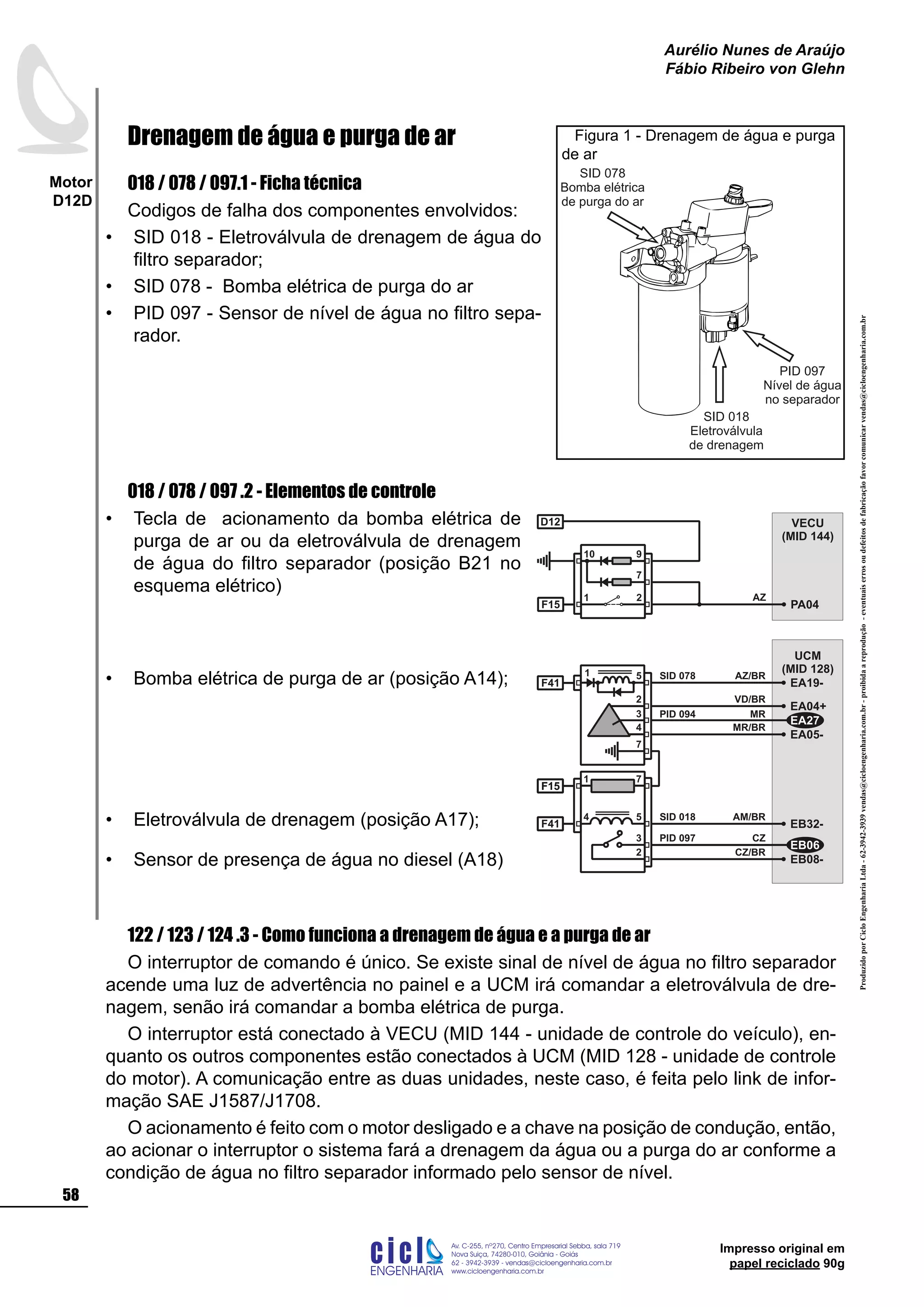 ProduzidoporCicloEngenhariaLtda-62-3942-3939vendas@cicloengenharia.com.br-proibidaareprodução-eventuaiserrosoudefeitosdefabricaçãofavorcomunicarvendas@cicloengenharia.com.br
ENGENHARIA
C I C I
I
Av. C-255, nº270, sala 719
Nova Suiça, 74280-010, Goiânia - Goiás
62 - 3942-3939 - vendas@cicloengenharia.com.br
www.cicloengenharia.com.br
Centro Empresarial Sebba,
58
Motor
D12D
Aurélio Nunes de Araújo
Fábio Ribeiro von Glehn
Impresso original em
papel reciclado 90g
Drenagem de água e purga de ar
018 / 078 / 097.1 - Ficha técnica
Codigos de falha dos componentes envolvidos:
SID 018 - Eletroválvula de drenagem de água do
filtro separador;
SID 078 - Bomba elétrica de purga do ar
PID 097 - Sensor de nível de água no filtro sepa-
rador.
018 / 078 / 097 .2 - Elementos de controle
Tecla de acionamento da bomba elétrica de
purga de ar ou da eletroválvula de drenagem
de água do filtro separador (posição B21 no
esquema elétrico)
Bomba elétrica de purga de ar (posição A14);
Eletroválvula de drenagem (posição A17);
Sensor de presença de água no diesel (A18)
122 / 123 / 124 .3 - Como funciona a drenagem de água e a purga de ar
O interruptor de comando é único. Se existe sinal de nível de água no filtro separador
acende uma luz de advertência no painel e a UCM irá comandar a eletroválvula de dre-
nagem, senão irá comandar a bomba elétrica de purga.
O interruptor está conectado à VECU (MID 144 - unidade de controle do veículo), en-
quanto os outros componentes estão conectados à UCM (MID 128 - unidade de controle
do motor). A comunicação entre as duas unidades, neste caso, é feita pelo link de infor-
mação SAE J1587/J1708.
O acionamento é feito com o motor desligado e a chave na posição de condução, então,
ao acionar o interruptor o sistema fará a drenagem da água ou a purga do ar conforme a
condição de água no filtro separador informado pelo sensor de nível.
•
•
•
•
•
•
•
PID 097
Nível de água
no separador
SID 018
Eletroválvula
de drenagem
SID 078
Bomba elétrica
de purga do ar
Figura 1 - Drenagem de água e purga
de ar
VECU
(MID 144)
PA04
AZ21
10
7
9
F15
D12
UCM
(MID 128)
SID 018
PID 097
EA05-
EA19-
EA04+
EA27
71
F15
EB32-
54
F15
F41
3
EB08-
2
EB06
MR/BR
VD/BR
MR
AZ/BR
CZ/BR
CZ
AM/BR
SID 078
PID 094
4
51
F41
3
2
7
 