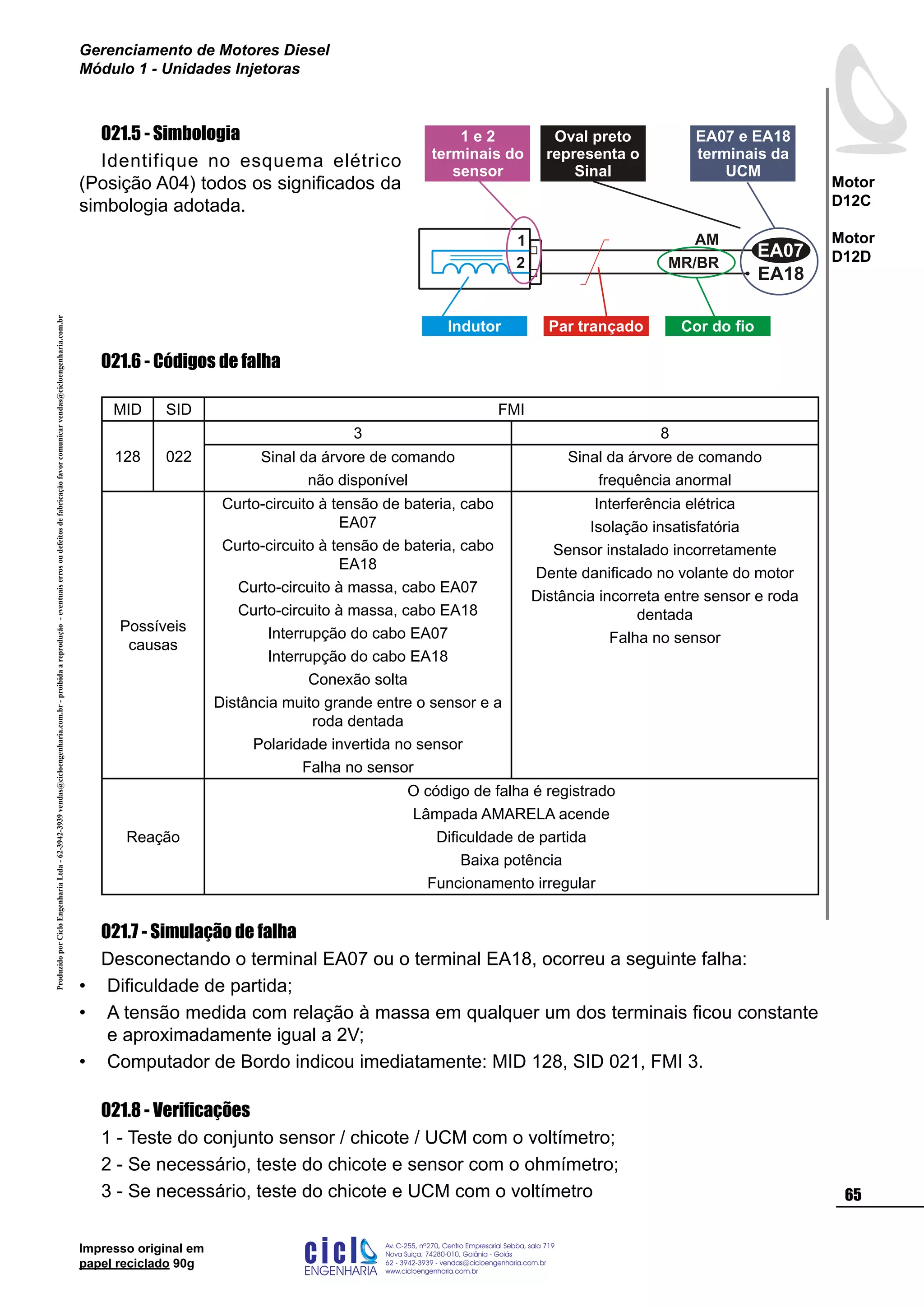 ProduzidoporCicloEngenhariaLtda-62-3942-3939vendas@cicloengenharia.com.br-proibidaareprodução-eventuaiserrosoudefeitosdefabricaçãofavorcomunicarvendas@cicloengenharia.com.br
ENGENHARIA
C I C I
I
Av. C-255, nº270, sala 719
Nova Suiça, 74280-010, Goiânia - Goiás
62 - 3942-3939 - vendas@cicloengenharia.com.br
www.cicloengenharia.com.br
Centro Empresarial Sebba,
65
Motor
D12C
Motor
D12D
Gerenciamento de Motores Diesel
Módulo 1 - Unidades Injetoras
Impresso original em
papel reciclado 90g
021.5 - Simbologia
Identifique no esquema elétrico
(Posição A04) todos os significados da
simbologia adotada.
021.6 - Códigos de falha
MID SID FMI
128 022
3 8
Sinal da árvore de comando
não disponível
Sinal da árvore de comando
frequência anormal
Possíveis
causas
Curto-circuito à tensão de bateria, cabo
EA07
Curto-circuito à tensão de bateria, cabo
EA18
Curto-circuito à massa, cabo EA07
Curto-circuito à massa, cabo EA18
Interrupção do cabo EA07
Interrupção do cabo EA18
Conexão solta
Distância muito grande entre o sensor e a
roda dentada
Polaridade invertida no sensor
Falha no sensor
Interferência elétrica
Isolação insatisfatória
Sensor instalado incorretamente
Dente danificado no volante do motor
Distância incorreta entre sensor e roda
dentada
Falha no sensor
Reação
O código de falha é registrado
Lâmpada AMARELA acende
Dificuldade de partida
Baixa potência
Funcionamento irregular
021.7 - Simulação de falha
Desconectando o terminal EA07 ou o terminal EA18, ocorreu a seguinte falha:
Dificuldade de partida;
A tensão medida com relação à massa em qualquer um dos terminais ficou constante
e aproximadamente igual a 2V;
Computador de Bordo indicou imediatamente: MID 128, SID 021, FMI 3.
021.8 - Verificações
1 - Teste do conjunto sensor / chicote / UCM com o voltímetro;
2 - Se necessário, teste do chicote e sensor com o ohmímetro;
3 - Se necessário, teste do chicote e UCM com o voltímetro
•
•
•
EA18
1
2
EA07
AM
MR/BR
Indutor Par trançado Cor do fio
Oval preto
representa o
Sinal
EA07 e EA18
terminais da
UCM
1 e 2
terminais do
sensor
 