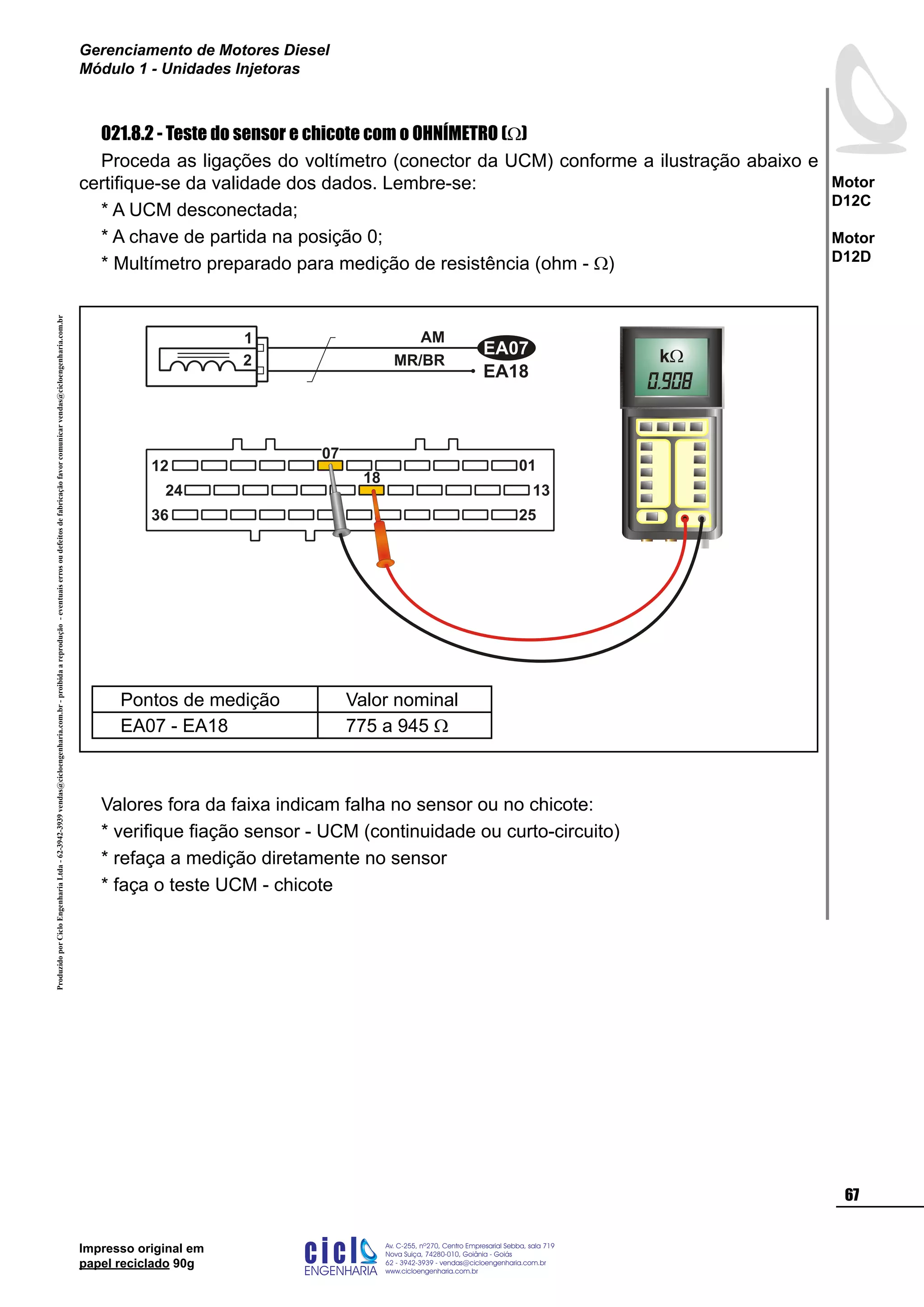 ProduzidoporCicloEngenhariaLtda-62-3942-3939vendas@cicloengenharia.com.br-proibidaareprodução-eventuaiserrosoudefeitosdefabricaçãofavorcomunicarvendas@cicloengenharia.com.br
ENGENHARIA
C I C I
I
Av. C-255, nº270, sala 719
Nova Suiça, 74280-010, Goiânia - Goiás
62 - 3942-3939 - vendas@cicloengenharia.com.br
www.cicloengenharia.com.br
Centro Empresarial Sebba,
67
Motor
D12C
Motor
D12D
Gerenciamento de Motores Diesel
Módulo 1 - Unidades Injetoras
Impresso original em
papel reciclado 90g
021.8.2 - Teste do sensor e chicote com o OHNÍMETRO (W)
Proceda as ligações do voltímetro (conector da UCM) conforme a ilustração abaixo e
certifique-se da validade dos dados. Lembre-se:
* A UCM desconectada;
* A chave de partida na posição 0;
* Multímetro preparado para medição de resistência (ohm - W)
Valores fora da faixa indicam falha no sensor ou no chicote:
* verifique fiação sensor - UCM (continuidade ou curto-circuito)
* refaça a medição diretamente no sensor
* faça o teste UCM - chicote
EA18
1
2
EA07
AM
MR/BR
12
13
25
24
36
01
18
07
Pontos de medição Valor nominal
EA07 - EA18 775 a 945 W
 