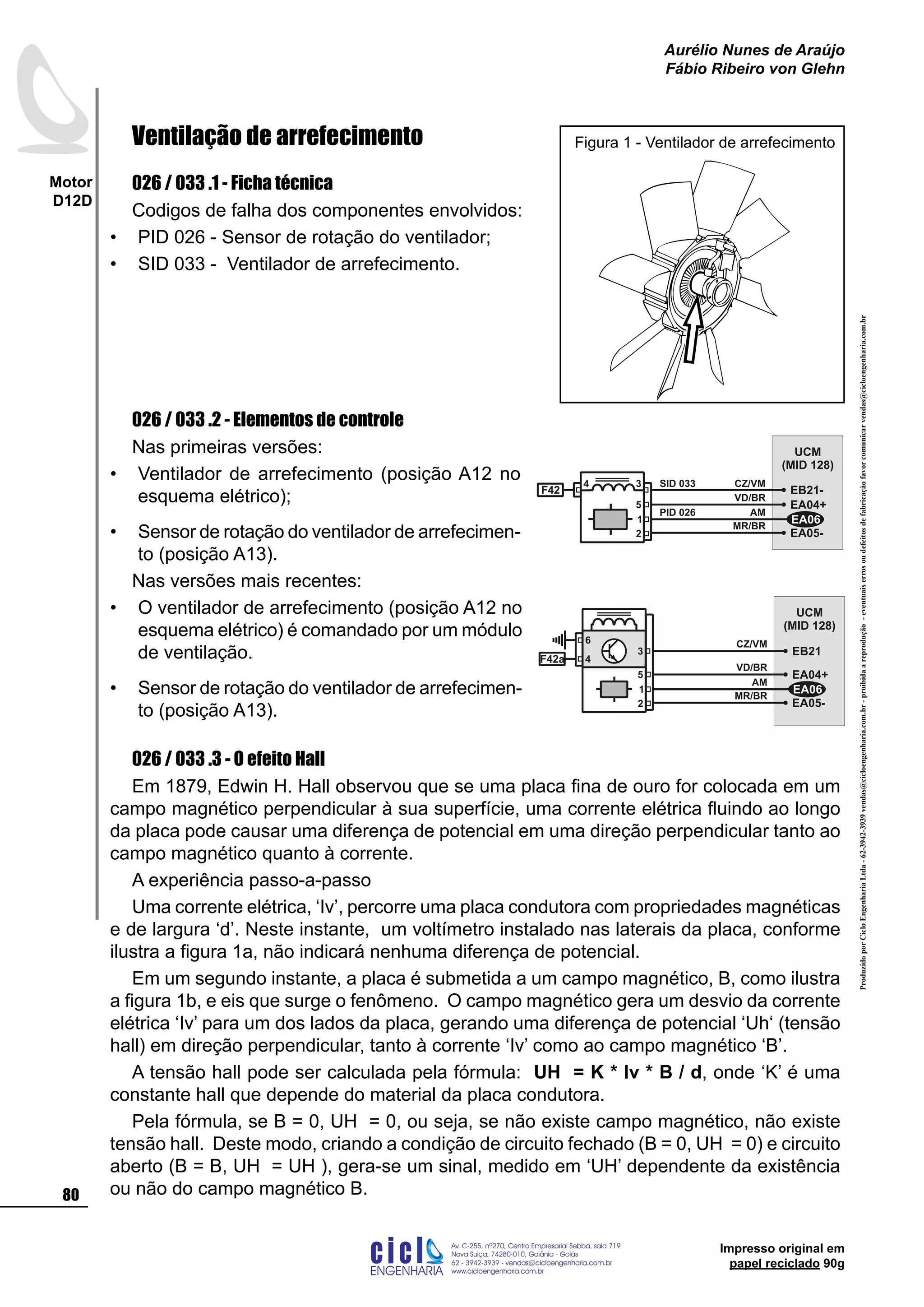 ProduzidoporCicloEngenhariaLtda-62-3942-3939vendas@cicloengenharia.com.br-proibidaareprodução-eventuaiserrosoudefeitosdefabricaçãofavorcomunicarvendas@cicloengenharia.com.br
ENGENHARIA
C I C I
I
Av. C-255, nº270, sala 719
Nova Suiça, 74280-010, Goiânia - Goiás
62 - 3942-3939 - vendas@cicloengenharia.com.br
www.cicloengenharia.com.br
Centro Empresarial Sebba,
80
Motor
D12D
Aurélio Nunes de Araújo
Fábio Ribeiro von Glehn
Impresso original em
papel reciclado 90g
Ventilação de arrefecimento
026 / 033 .1 - Ficha técnica
Codigos de falha dos componentes envolvidos:
PID 026 - Sensor de rotação do ventilador;
SID 033 - Ventilador de arrefecimento.
026 / 033 .2 - Elementos de controle
Nas primeiras versões:
Ventilador de arrefecimento (posição A12 no
esquema elétrico);
Sensor de rotação do ventilador de arrefecimen-
to (posição A13).
Nas versões mais recentes:
O ventilador de arrefecimento (posição A12 no
esquema elétrico) é comandado por um módulo
de ventilação.
Sensor de rotação do ventilador de arrefecimen-
to (posição A13).
026 / 033 .3 - O efeito Hall
Em 1879, Edwin H. Hall observou que se uma placa fina de ouro for colocada em um
campo magnético perpendicular à sua superfície, uma corrente elétrica fluindo ao longo
da placa pode causar uma diferença de potencial em uma direção perpendicular tanto ao
campo magnético quanto à corrente.
A experiência passo-a-passo
Uma corrente elétrica, ‘Iv’, percorre uma placa condutora com propriedades magnéticas
e de largura ‘d’. Neste instante, um voltímetro instalado nas laterais da placa, conforme
ilustra a figura 1a, não indicará nenhuma diferença de potencial.
Em um segundo instante, a placa é submetida a um campo magnético, B, como ilustra
a figura 1b, e eis que surge o fenômeno. O campo magnético gera um desvio da corrente
elétrica ‘Iv’ para um dos lados da placa, gerando uma diferença de potencial ‘Uh‘ (tensão
hall) em direção perpendicular, tanto à corrente ‘Iv’ como ao campo magnético ‘B’.
A tensão hall pode ser calculada pela fórmula: UH = K * Iv * B / d, onde ‘K’ é uma
constante hall que depende do material da placa condutora.
Pela fórmula, se B = 0, UH = 0, ou seja, se não existe campo magnético, não existe
tensão hall. Deste modo, criando a condição de circuito fechado (B = 0, UH = 0) e circuito
aberto (B = B, UH = UH ), gera-se um sinal, medido em ‘UH’ dependente da existência
ou não do campo magnético B.
•
•
•
•
•
•
Figura 1 - Ventilador de arrefecimento
UCM
(MID 128)
5
2
1
EA04+
EA05-
EA06
F42
4 3
EB21-
MR/BR
AM
VD/BR
CZ/VMSID 033
PID 026
UCM
(MID 128)
5
2
1
EA04+
EA05-
EA06
F42a 4
3 EB21
MR/BR
AM
VD/BR
CZ/VM6
 