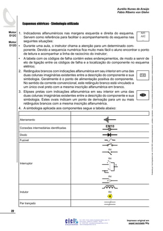 Impresso original em
papel reciclado 90g
Esquemas elétricos - Simbologia utilizada
Indicadores alfanuméricos nas margens esquerda e direita do esquema.
Servem como referência para facilitar o acompanhamento do esquema nas
seguintes situações:
Durante uma aula, o instrutor chama a atenção para um determinado com-
ponente. Devido a sequencia numérica fica muito mais fácil o aluno encontrar o ponto
de leitura e acompanhar a linha de raciocínio do instrutor;
A tabela com os códigos de falha contém estes endereçamentos, de modo a servir de
elo de ligação entre os códigos de falha e a localização do componente no esquema
elétrico;
Retângulos brancos com indicações alfanumérica em seu interior em uma das
duas colunas imaginárias existentes entre a descrição do componente e sua
simbologia. Geralmente é o ponto de alimentação positiva do componente.
No sentido da corrente convencional, este retângulo branco está vinculado a
um único oval preto com a mesma inscrição alfanumérica em branco.
Elipses pretas com indicações alfanumérica em seu interior em uma das
duas colunas imaginárias existentes entre a descrição do componente e sua
simbologia. Estes ovais indicam um ponto de derivação para um ou mais
retângulos brancos com a mesma inscrição alfanumérica.
A simbologia aplicada aos componentes segue a tabela abaixo:
Aterramento
Conexões intermediárias identificadas
EM10
Diodo
Fusível
Interruptor
ou
ou
1
ou
Indutor ou
M
Par trançado
1.
•
•
2.
3.
4.
A01
A02
...
F40
F40
ProduzidoporCicloEngenhariaLtda-62-3942-3939vendas@cicloengenharia.com.br-proibidaareprodução-eventuaiserrosoudefeitosdefabricaçãofavorcomunicarvendas@cicloengenharia.com.br
ENGENHARIA
C I C I
I
Av. C-255, nº270, sala 719
Nova Suiça, 74280-010, Goiânia - Goiás
62 - 3942-3939 - vendas@cicloengenharia.com.br
www.cicloengenharia.com.br
Centro Empresarial Sebba,
22
Motor
D12C
Motor
D12D
Aurélio Nunes de Araújo
Fábio Ribeiro von Glehn
 