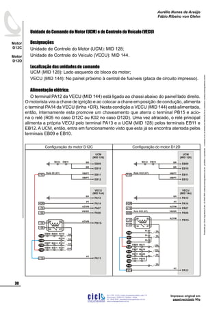 Impresso original em
papel reciclado 90g
ProduzidoporCicloEngenhariaLtda-62-3942-3939vendas@cicloengenharia.com.br-proibidaareprodução-eventuaiserrosoudefeitosdefabricaçãofavorcomunicarvendas@cicloengenharia.com.br
ENGENHARIA
C I C I
I
Av. C-255, nº270, sala 719
Nova Suiça, 74280-010, Goiânia - Goiás
62 - 3942-3939 - vendas@cicloengenharia.com.br
www.cicloengenharia.com.br
Centro Empresarial Sebba,
30
Motor
D12C
Motor
D12D
Aurélio Nunes de Araújo
Fábio Ribeiro von Glehn
Unidade de Comando do Motor (UCM) e de Controle do Veículo (VECU)
Designações
Unidade de Controle do Motor (UCM): MID 128;
Unidade de Controle do Veículo (VECU): MID 144.
Localização das unidades de comando
UCM (MID 128): Lado esquerdo do bloco do motor;
VECU (MID 144): No painel próximo à central de fusíveis (placa de circuito impresso).
Alimentação elétrica:
O terminal PA12 da VECU (MID 144) está ligado ao chassi abaixo do painel lado direito.
O motorista vira a chave de ignição e ao colocar a chave em posição de condução, alimenta
o terminal PA14 da VECU (linha +DR). Nesta condição a VECU (MID 144) está alimentada,
então, internamente esta promove um chaveamento que aterra o terminal PB15 e acio-
na o relé (R05 no caso D12C ou K02 no caso D12D). Uma vez atracado, o relé principal
alimenta a própria VECU pelo terminal PA13 e a UCM (MID 128) pelos terminais EB11 e
EB12. A UCM, então, entra em funcionamento visto que esta já se encontra aterrada pelos
terminais EB09 e EB10.
Configuração do motor D12C Configuração do motor D12D
VECU
(MID 144)
+DR
F19 PA13
PT
PB15-
+19 PA07
AZ/VM
+50 PA06
VM/BR
PA12
BR
PA14
PT
EB11
EB12
EB09
EB10
Relé 05 (87)
VM/PT
VM/PT
UCM
(MID 128)
F43
+30
+30
30 87
8586
F18
F19
F20
F43
5A
5A
5A
15A
AZ/VM
MA08EM06 KF16
MA14EM07 KG12
MA11EM09 KG01
KG14
BR
BR
EM10MA12
VECU
(MID 144)
EB11
EB12
EB09
EB10
Relé K02 (87)
VM/PT
VM/PT
UCM
(MID 128)
F40
+DR
+19 PA07
AZ/VM
50B PA06
VM/BR
PA12
BR
PA14
PT
Relé K03 (87)
BR
BR
EM10MA12
F07a PA13
PT
+30
+30
30 87
8586
PB15-
F06
F40
AZ/VM
F41
F43
5A
5A
15A
10A
XL03
MA11EM09
MA14EM07
XL05
5AMA08EM11
5A
F07a
XL06
F07b
F42a
PW16EPR1
F42b
 
