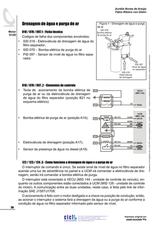 ProduzidoporCicloEngenhariaLtda-62-3942-3939vendas@cicloengenharia.com.br-proibidaareprodução-eventuaiserrosoudefeitosdefabricaçãofavorcomunicarvendas@cicloengenharia.com.br
ENGENHARIA
C I C I
I
Av. C-255, nº270, sala 719
Nova Suiça, 74280-010, Goiânia - Goiás
62 - 3942-3939 - vendas@cicloengenharia.com.br
www.cicloengenharia.com.br
Centro Empresarial Sebba,
58
Motor
D12D
Aurélio Nunes de Araújo
Fábio Ribeiro von Glehn
Impresso original em
papel reciclado 90g
Drenagem de água e purga de ar
018 / 078 / 097.1 - Ficha técnica
Codigos de falha dos componentes envolvidos:
SID 018 - Eletroválvula de drenagem de água do
filtro separador;
SID 078 - Bomba elétrica de purga do ar
PID 097 - Sensor de nível de água no filtro sepa-
rador.
018 / 078 / 097 .2 - Elementos de controle
Tecla de acionamento da bomba elétrica de
purga de ar ou da eletroválvula de drenagem
de água do filtro separador (posição B21 no
esquema elétrico)
Bomba elétrica de purga de ar (posição A14);
Eletroválvula de drenagem (posição A17);
Sensor de presença de água no diesel (A18)
122 / 123 / 124 .3 - Como funciona a drenagem de água e a purga de ar
O interruptor de comando é único. Se existe sinal de nível de água no filtro separador
acende uma luz de advertência no painel e a UCM irá comandar a eletroválvula de dre-
nagem, senão irá comandar a bomba elétrica de purga.
O interruptor está conectado à VECU (MID 144 - unidade de controle do veículo), en-
quanto os outros componentes estão conectados à UCM (MID 128 - unidade de controle
do motor). A comunicação entre as duas unidades, neste caso, é feita pelo link de infor-
mação SAE J1587/J1708.
O acionamento é feito com o motor desligado e a chave na posição de condução, então,
ao acionar o interruptor o sistema fará a drenagem da água ou a purga do ar conforme a
condição de água no filtro separador informado pelo sensor de nível.
•
•
•
•
•
•
•
PID 097
Nível de água
no separador
SID 018
Eletroválvula
de drenagem
SID 078
Bomba elétrica
de purga do ar
Figura 1 - Drenagem de água e purga
de ar
VECU
(MID 144)
PA04
AZ21
10
7
9
F15
D12
UCM
(MID 128)
SID 018
PID 097
EA05-
EA19-
EA04+
EA27
71
F15
EB32-
54
F15
F41
3
EB08-
2
EB06
MR/BR
VD/BR
MR
AZ/BR
CZ/BR
CZ
AM/BR
SID 078
PID 094
4
51
F41
3
2
7
 