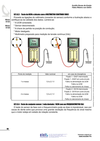 ProduzidoporCicloEngenhariaLtda-62-3942-3939vendas@cicloengenharia.com.br-proibidaareprodução-eventuaiserrosoudefeitosdefabricaçãofavorcomunicarvendas@cicloengenharia.com.br
ENGENHARIA
C I C I
I
Av. C-255, nº270, sala 719
Nova Suiça, 74280-010, Goiânia - Goiás
62 - 3942-3939 - vendas@cicloengenharia.com.br
www.cicloengenharia.com.br
Centro Empresarial Sebba,
68
Motor
D12C
Motor
D12D
Aurélio Nunes de Araújo
Fábio Ribeiro von Glehn
Impresso original em
papel reciclado 90g
021.8.3 - Teste da UCM e chicote com o VOLTÍMETRO CONTÍNUO (VDC)
Proceda as ligações do voltímetro (conector do sensor) conforme a ilustração abaixo e
certifique-se da validade dos dados. Lembre-se:
* A UCM conectada;
* Sensor desconectado
* A chave de partida na posição de condução;
* Motor desligado;
* Multímetro preparado para medição de tensão contínua (Vdc)
Ponto de medição Valor nominal em caso de divergência
1 e massa 1,9 a 2,1 V
Fiação 1 - EA07 interrompida
Fiação 1 - EA07 em curto-circuito
Falha na alimentação da UCM
Falha na UCM
Falha no aterramento do chassi
2 e massa 1,9 a 2,1 V
Fiação 2 - EA18 interrompida
Fiação 2 - EA18 em curto-circuito
Falha na alimentação da UCM
Falha na UCM
Falha no aterramento do chassi
021.9.4 - Teste do conjunto sensor / roda dentada / UCM com um FREQUENCÍMETRO (Hz)
O teste do sensor de fase com o frequencímetro pode se dizer é impraticável, isso por
causa do dente extra que provoca uma grande oscilação da frequência do sinal mesmo
que o motor esteja em estado de rotação constante.
1
2
1
2
chassichassi
Vdc Vdc
 