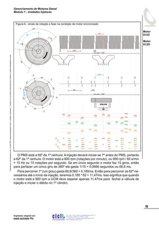 ProduzidoporCicloEngenhariaLtda-62-3942-3939vendas@cicloengenharia.com.br-proibidaareprodução-eventuaiserrosoudefeitosdefabricaçãofavorcomunicarvendas@cicloengenharia.com.br
ENGENHARIA
C I C I
I
Av. C-255, nº270, sala 719
Nova Suiça, 74280-010, Goiânia - Goiás
62 - 3942-3939 - vendas@cicloengenharia.com.br
www.cicloengenharia.com.br
Centro Empresarial Sebba,
73
Motor
D12C
Motor
D12D
Gerenciamento de Motores Diesel
Módulo 1 - Unidades Injetoras
Impresso original em
papel reciclado 90g
O PMS está a 69º da 1ª ranhura. A injeção deverá iniciar-se 7º antes do PMS, portanto
a 62º da 1ª ranhura. O motor está a 900 rpm (rotações por minuto), ou 900 rpm / 60 s/min
= 15 Hz ou 15 rotações por segundo. Se em único segundo o motor faz 15 giros, então
para perfazer um único giro de 360º ele gasta 1/15 = 0,0666 segundos ou 66,6 ms.
Para percorrer 1º (um grau) gasta 66,6/360 = 0,185ms. Então para percorrer os 62º ne-
cessários até o início da injeção, teremos 0,185 * 62 = 11,47ms. Isso significa que quando
o motor está a 900 rpm a UCM deve esperar apenas 11,47ms para fechar a válvula de
injeção e iniciar o débito no 1º cilindro.
6º
15
º
120º
69º
69º
1 5 3 62 4
um ciclo = 360º
60º 15º
34,5º
60º
60
º
60º
60º
60
º
60º
15º
1
5
3
6
2
4
34,5º
um ciclo = 720º
6º 120º 15º
69º
PMS
PMI
PMS
PMI
PMS
PMI
0º 51º 171º 291º 411º360º 531º 651º
0º 51º 171º 291º 411º360º 531º-69º
0º 51º 171º 291º 411º360º-189º -69º
0º 51º 171º 291º-309º-360º -189º -69º
0º 51º 171º-429º -309º-360º -189º -69º
0º 51º-549º -429º -309º-360º -189º -69º
1
5
3
6
2
4
0 0
VOLVO
V3
TDC
Figura 6 - sinais de rotação e fase na condição de motor sincronizado
 
