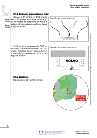 ProduzidoporCicloEngenhariaLtda-62-3942-3939vendas@cicloengenharia.com.br-proibidaareprodução-eventuaiserrosoudefeitosdefabricaçãofavorcomunicarvendas@cicloengenharia.com.br
ENGENHARIA
C I C I
I
Av. C-255, nº270, sala 719
Nova Suiça, 74280-010, Goiânia - Goiás
62 - 3942-3939 - vendas@cicloengenharia.com.br
www.cicloengenharia.com.br
Centro Empresarial Sebba,
74
Motor
D12C
Motor
D12D
Aurélio Nunes de Araújo
Fábio Ribeiro von Glehn
Impresso original em
papel reciclado 90g
022.4 - Verificação do sincronismo do motor
Colocar o 1º cilindro em PMS (Ponto
Morto Superior) e verificar se a marcação
0º no volante do motor está em frente à
seta no cárter do volante, conforme ilustra
a figura 7 ao lado.
Verificar se a marcação de PMS na
árvore do comando de válvulas (TDC - do
inglês: Top Dead Centre) está certa com
a marcação na capa do mancal de apoio.
Figura 8 ao lado.
022.5 - Localização
Na capa seca do volante do motor
0
Figura 7 - Sincronismo do volante
VOLVO
V3
TDC
Figura 8 - Sincronismo do comando
sensor de
rotação
 